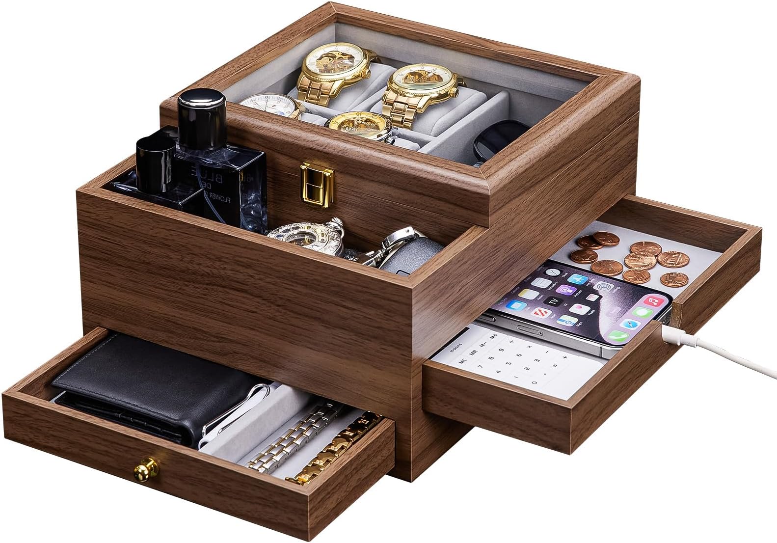 Homde Watch Box for Men Jewelry Organizer with Real Glass Watch Case for Ring, Bracelet, Watch, Necklace, Earrings, and Accessories