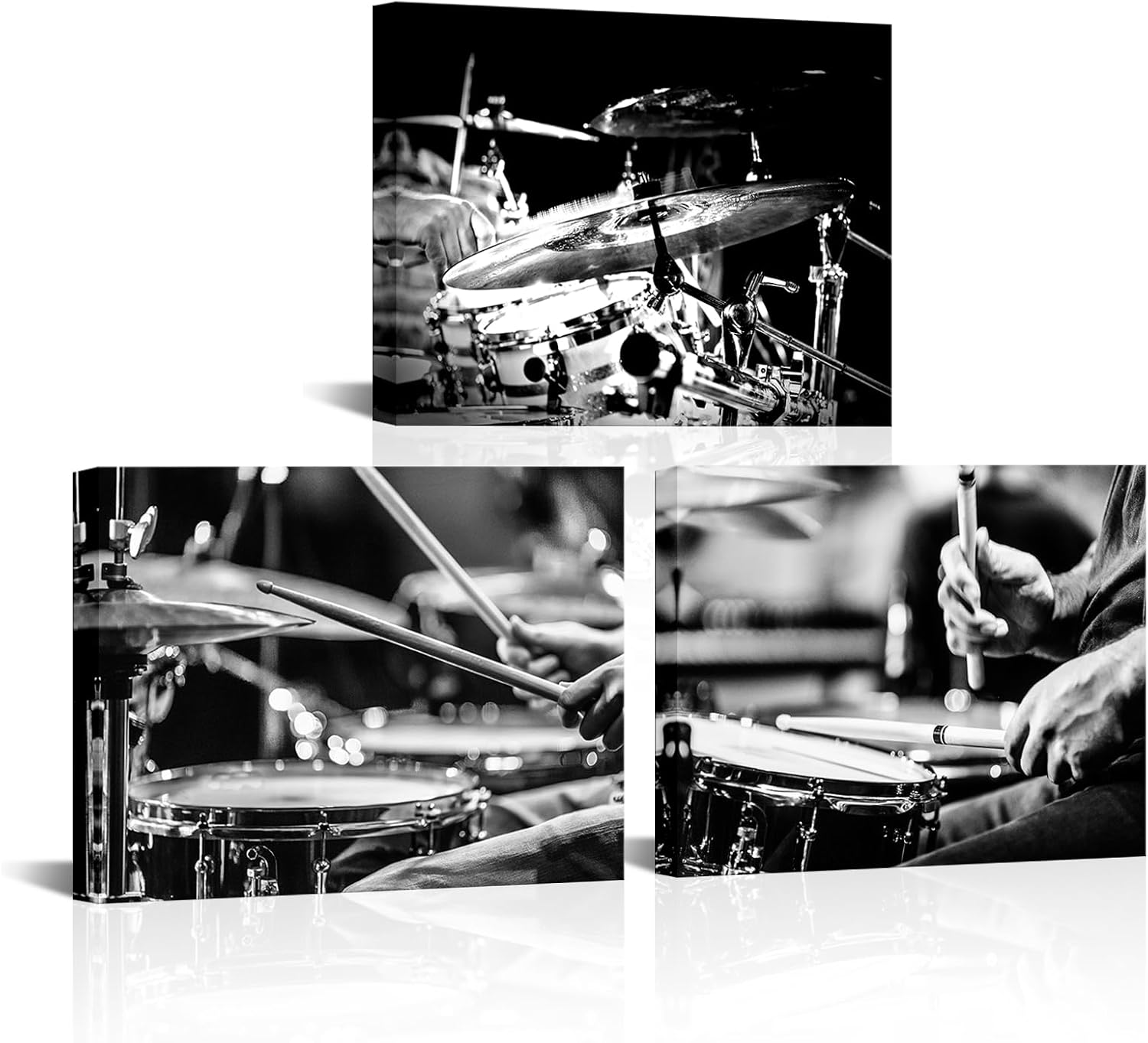 PoGoXiPoYo 3 Piece Music Canvas Wall Art Rock Band Shelf Drum Set Musical Instruments Picture Prints Black and White Artwork Posters Wall Decor for Living Room Bedroom Home Studio 12x16inchx3pcs