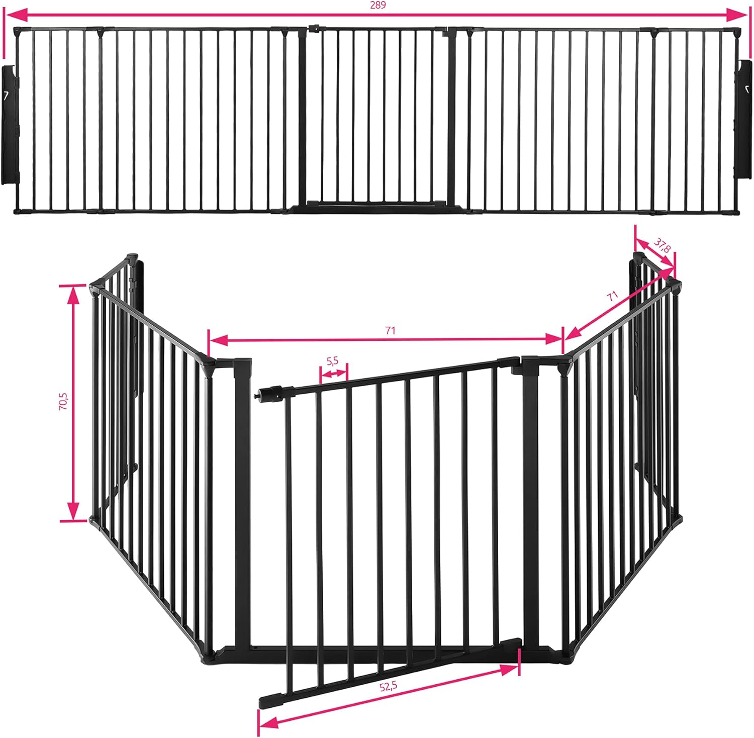 Technical drawing showing all dimensions of the safety barrier