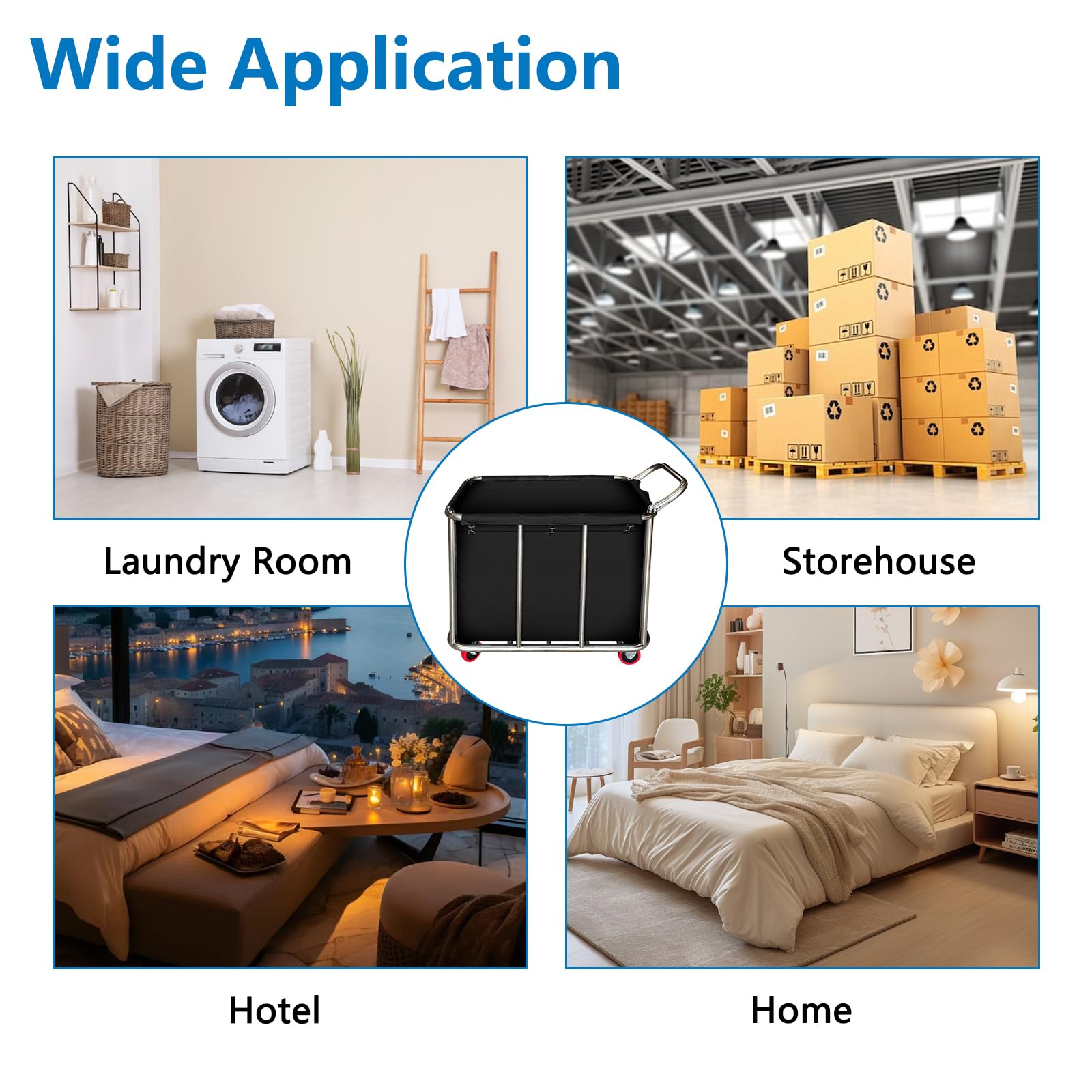 Chariot à linge industriel à roulettes, chariot à linge commercial robuste en acier inoxydable 460L, avec sac de doublure amovible, trieur de grande capacité pour une utilisation en usine et en hôtel