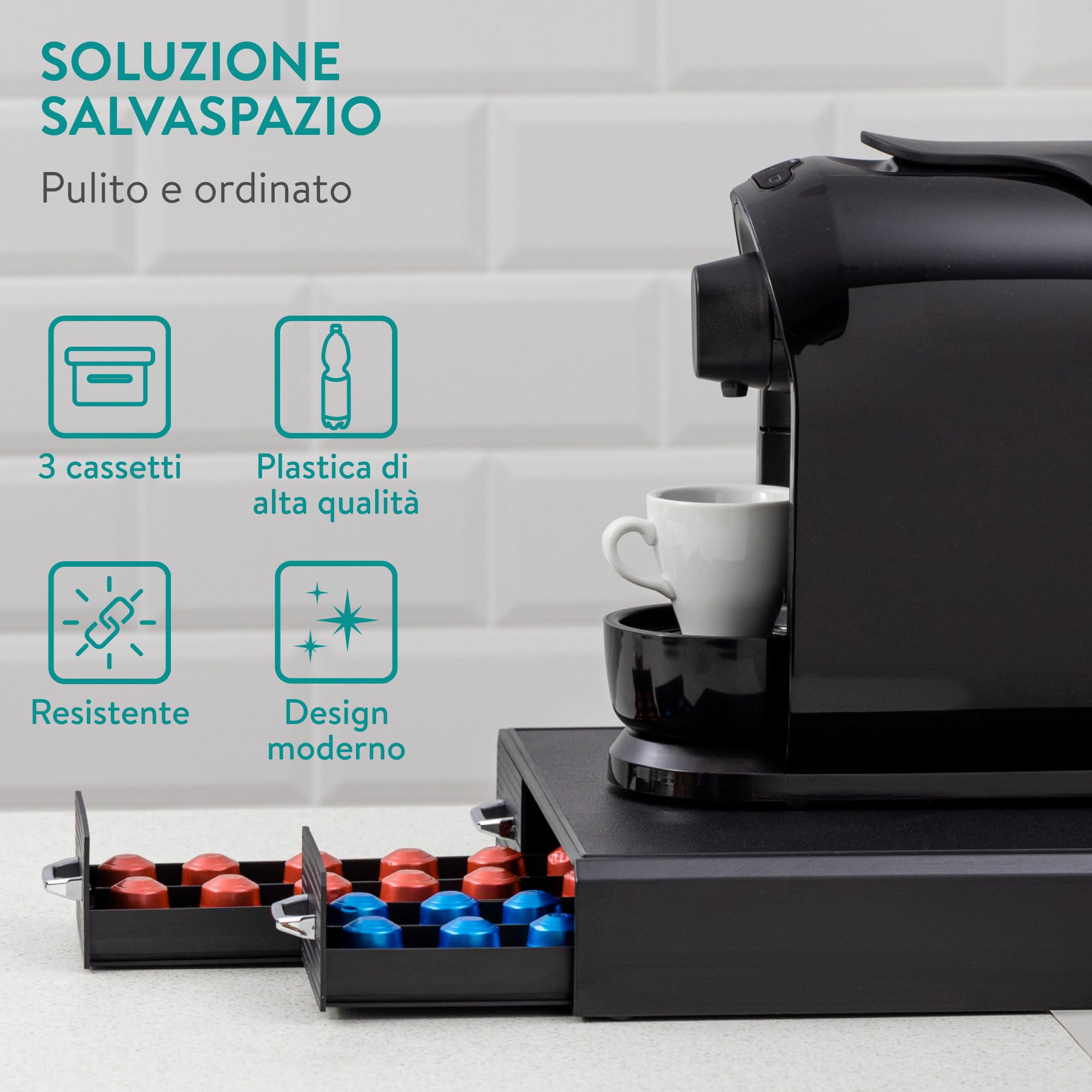Navaris Porta Cialde Caffe - Porta Capsule con 3 Cassetti Compatibile con Capsule Standard - Cassetto Porta Cialde Moderno ed Elegante - Portacialde da Caffè o Tè - Nero