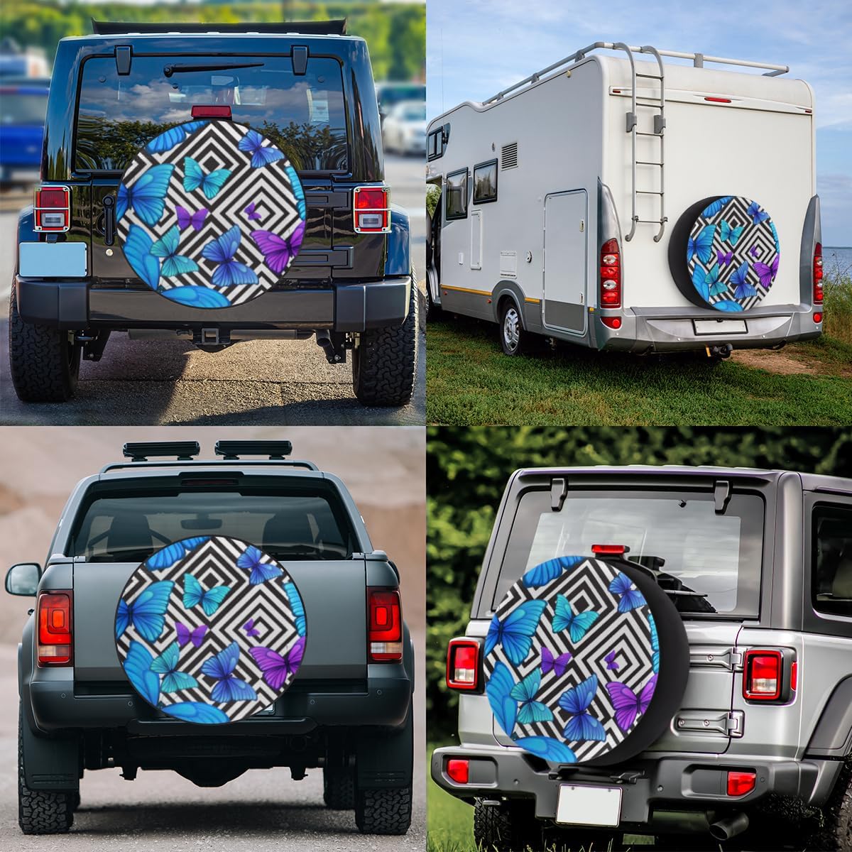 Butterfly Abstract Stripe Tire Covers Portable Spare Tire Cover Soft Durable Waterproof Dustproof Set of 4 Bags 15 Inches for Car Truck SUV Trailer Camper
