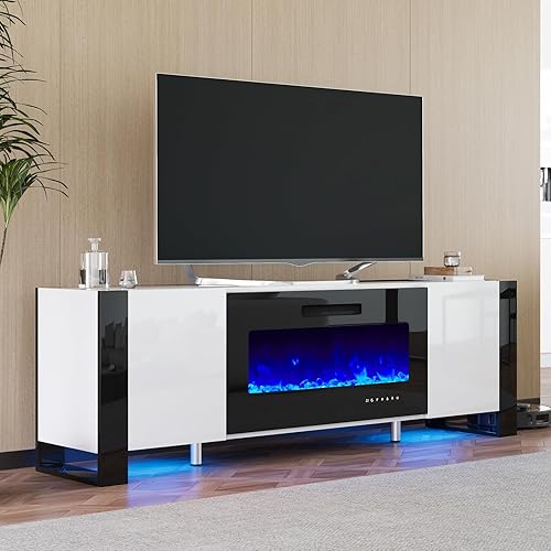 AMERLIFE Soporte de TV con chimenea de 36 pulgadas, luces LED modernas de alto brillo para centro de entretenimiento de 70 pulgadas, patas en forma