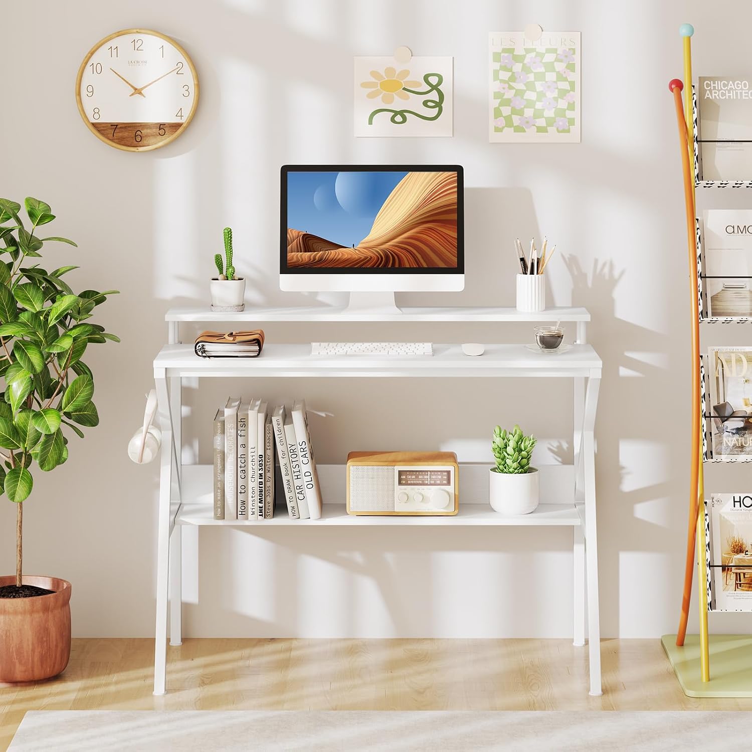 Giantex Small Desk with Storage, Compact Computer Desk for Small Spaces with Monitor Stand, Metal Frame & Earphone Hook, Laptop PC Table, Modern Writing Desk for Home Office, Bedroom (White)