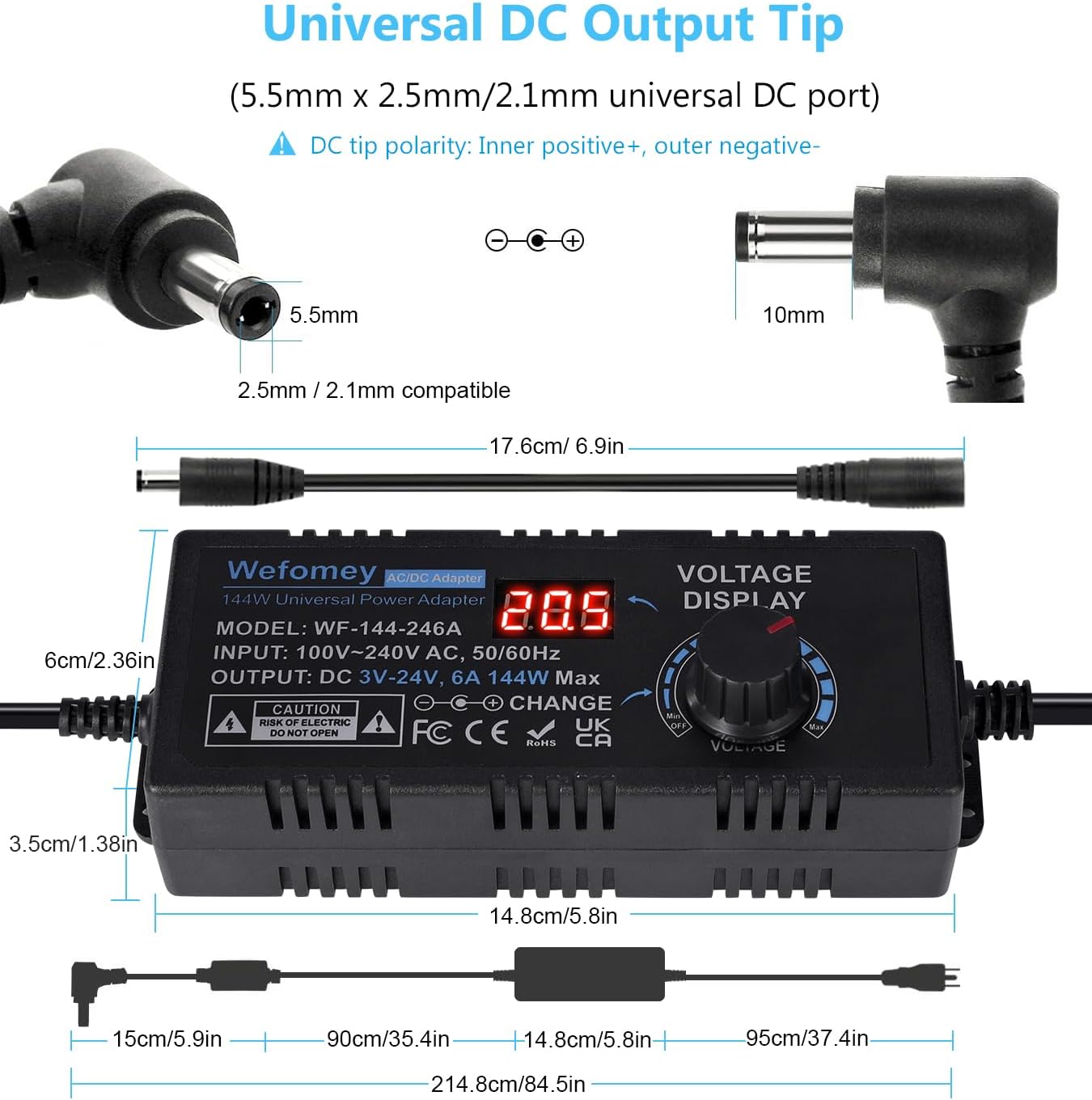 Universal Power Supply 3V~24V 6A 144W Adjustable Variable 3V 5V 9V 12V 18V 20V 24V AC/DC Adapter Charger, 100V-240V AC to DC Converter with 14 Tips, Polarity Converter and 4-Way Power Splitter Cable