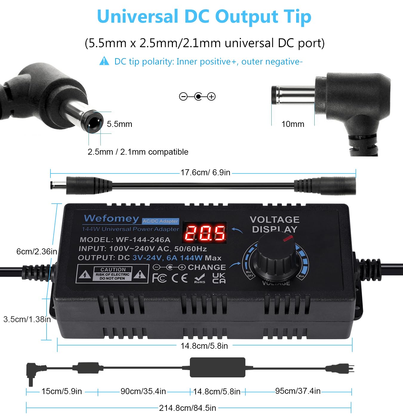 Fuente de alimentación universal de 3 V ~ 24 V 6 A 144 W ajustable variable 3 V 5 V 9 V 12 V 18 V 20 V 24 V CA/CC, convertidor de 100 V-240 V CA a CC con 14 puntas, convertidor de polaridad y cable