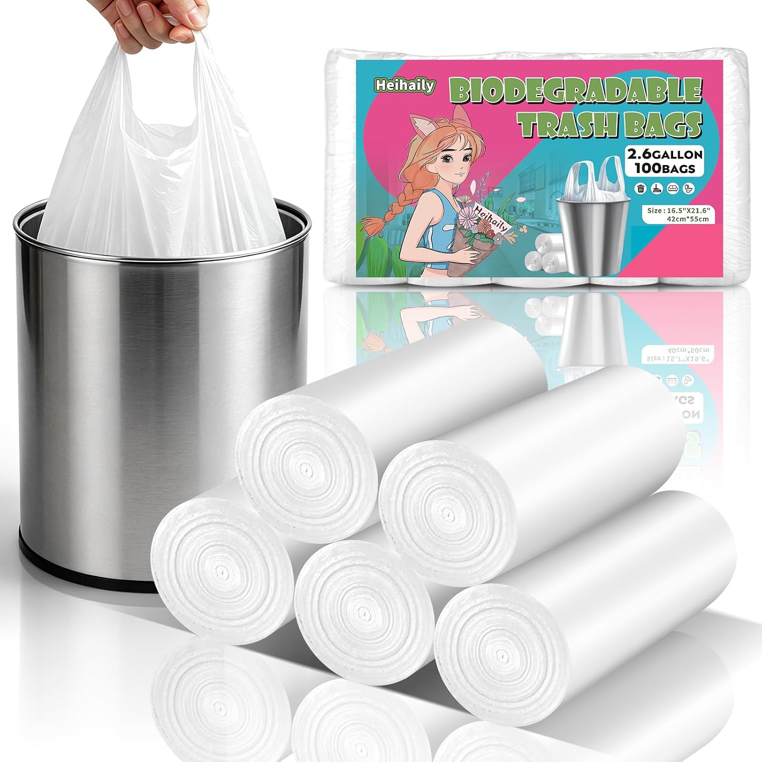 2.6 Gallon Biodegradable Trash Bags - Unscented Bulk 100 Count Small Garbage Bags Strong Thick Versatile White Handle-Tie Design for Bathroom, or Small Kitchen Bin Use Heihaily