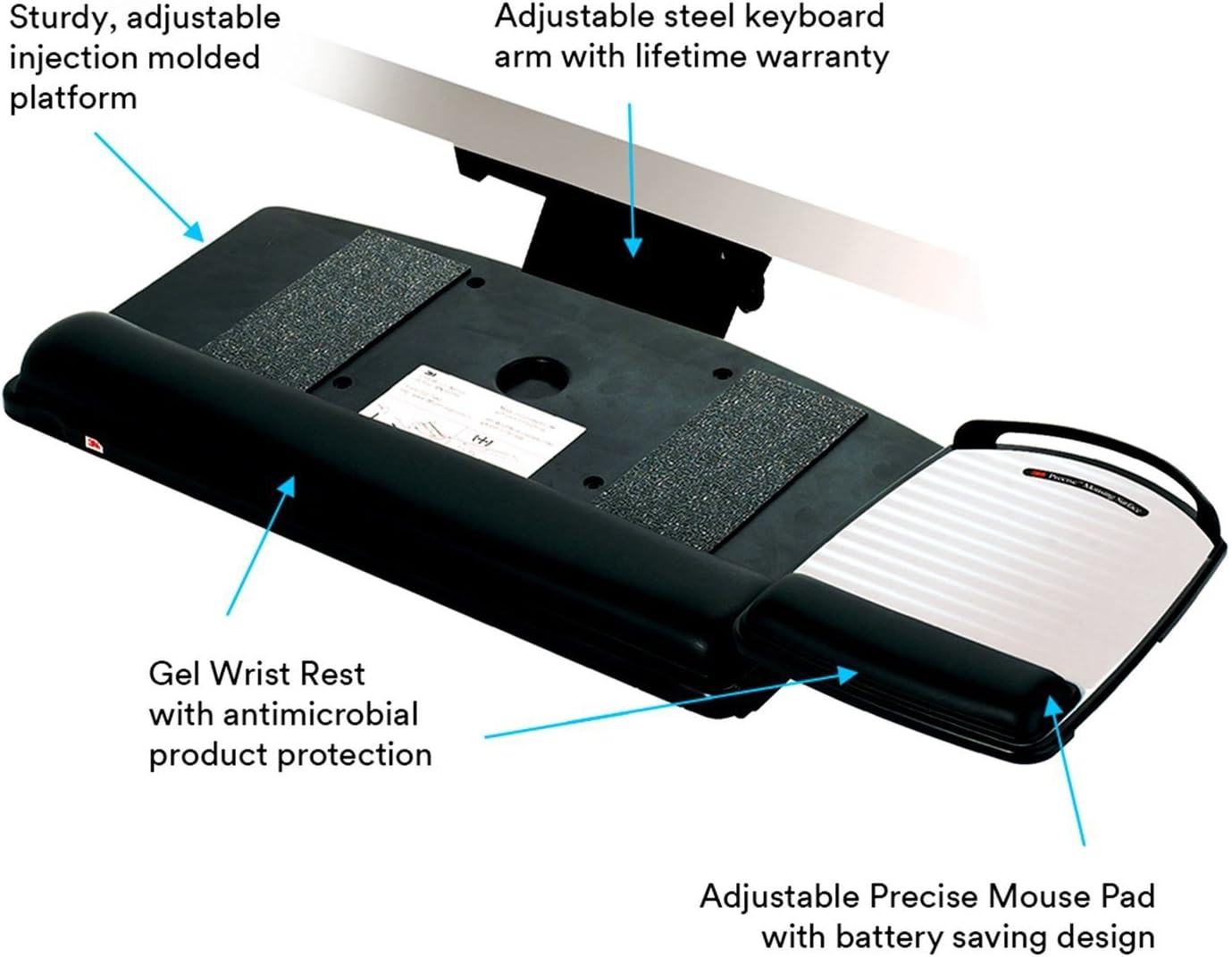 3M Under Desk Keyboard Tray, Turn Knob to Adjust Height and Tilt, Adjustable Tray and Mouse Platform to Enhance Egronomics, Includes Gel Wrist Rest and Precise Mouse Pad, 17.75" Track, Black (AKT80LE) : Office Keyboard Drawers : Office Products