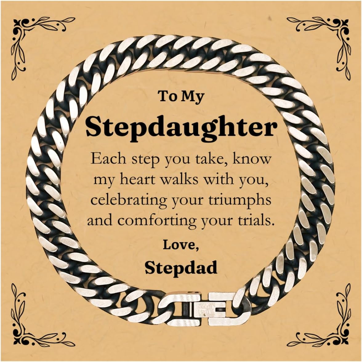 Stepdaughter Cuban Link Chain Bracelet Celebrating Triumphs With Love and Support from Stepdad - Inspirational Gifts for Birthday, Christmas, Graduation, and More
