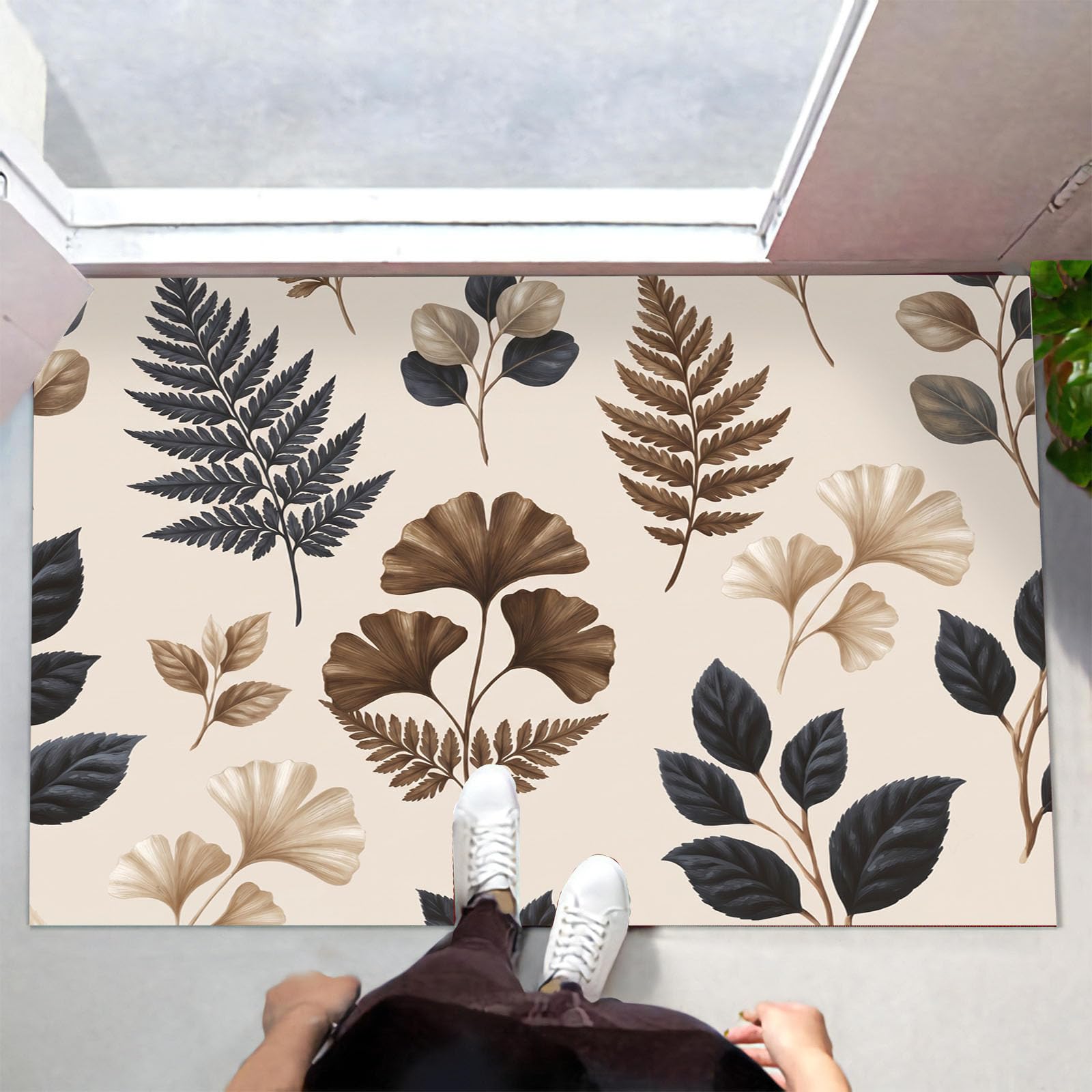 Böhmisches Blatt-Poster Fußmatte Innen Waschbar 90X150Cm, rutschfest Fußmatte, Dünn Schmutzfangmatte, Elegante Landpflanzen Eingangsteppich Mit Wasserabsorbierenden Für Hund, Beige