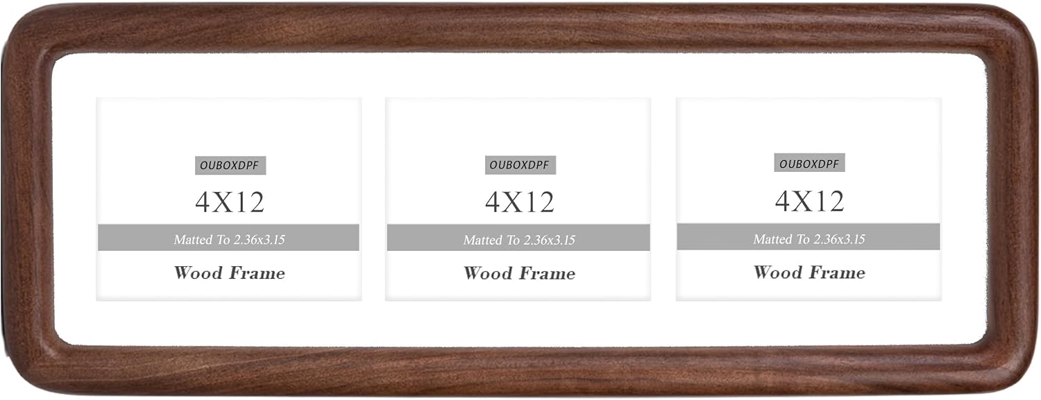 4x12 Collage Picture Frame Walnut Wood, Multiple Four 2x3 Photos or 4x12 without Mat, Rustic Rounded Corner Photo Frame with Tempered Glass Hanging or Tabletop Displaying Horizontally or Vertically
