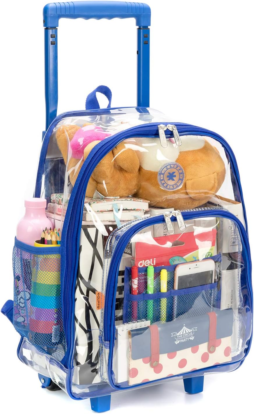 K-Cliffs Rolling Clear Backpack Heavy Duty Bookbag Quality See Through Workbag Travel Daypack Transparent School Book Bags w/Wheels - Image 2