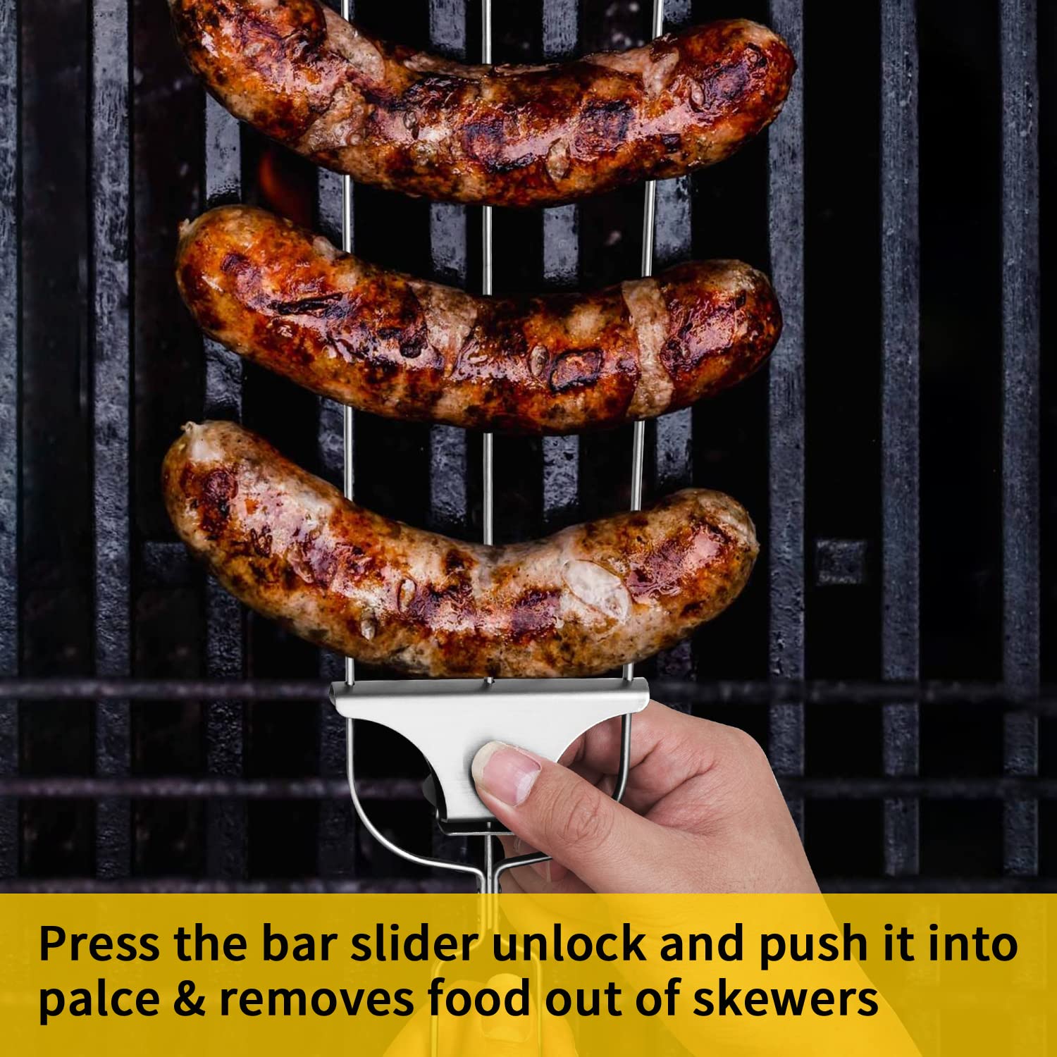 Pinchos de acero inoxidable de 3 puntas para barbacoa Pinchitos con barra deslizante, fácil extracción de alimentos, 2 pinchos, un cepillo para untar y bolsa de almacenamiento