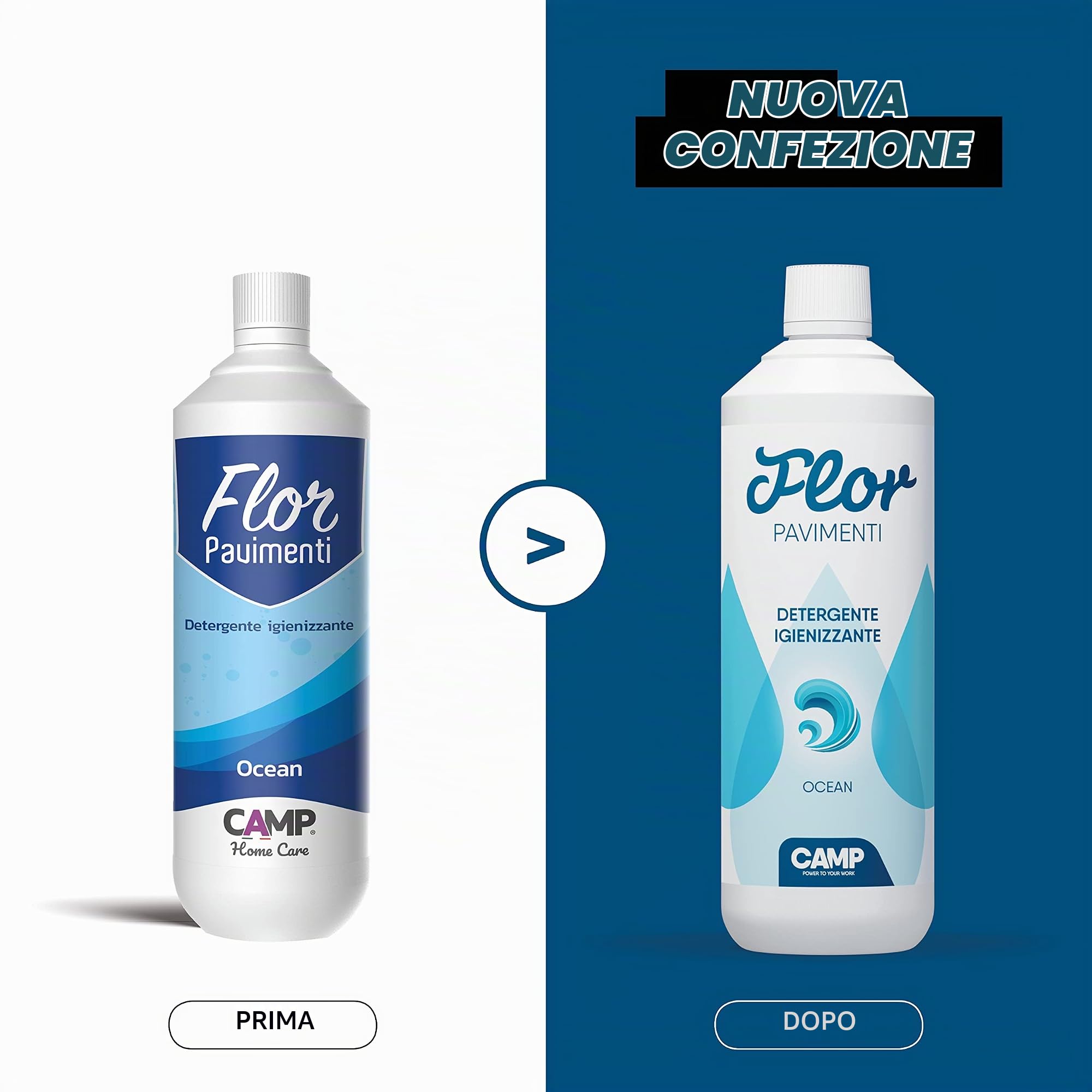 ‎CAMP FLOR OCEAN, detergente igienizzante concentrato adatto per tutti i tipi di pavimenti; gradevole profumo di Acqua Marina, 1000 ml, 6x1L