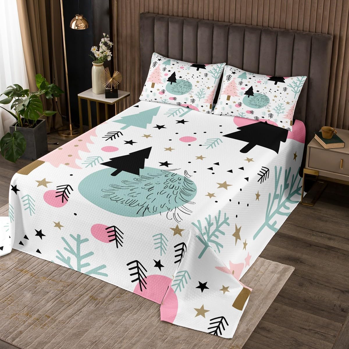 Erosebridal Christmas Tree Quilt Set Queen Merry Christmas Holiday Coverlet Set,Forest Pine Trees Bedspreads Watercolor Xmas Style Bedding Sets Bedroom Decor
