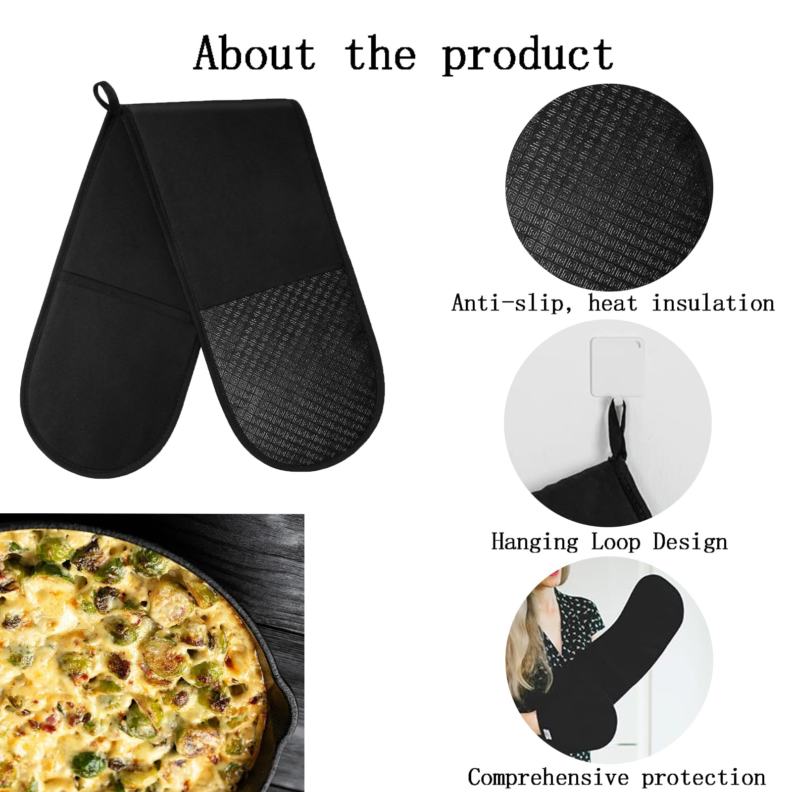 Oven Gloves Black Kitchen Accessories for Cooking Baking Grilling Double Oven Gloves Non-slip Heat Resistant Heat Resistant Protection Home Essentials - Image 3