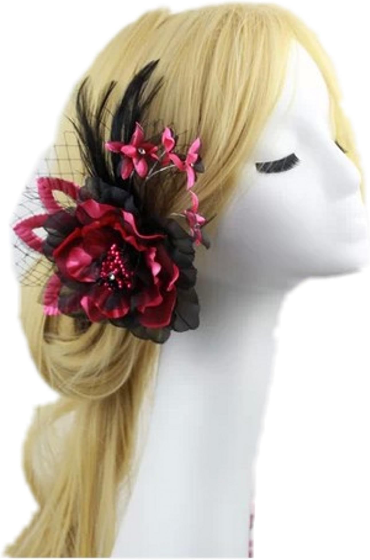 Spikerking Women's Fascinators Feather Headdress Flower Brooch (One Size, Rose red)