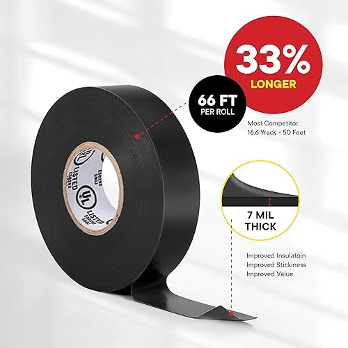 Miniatura 6 de Black Electrical Tape - Professional Grade - 3/4 inch x 66ft - PVC Vinyl Electrical Insulating Tape for All Weather - U/L Approved - Waterproof