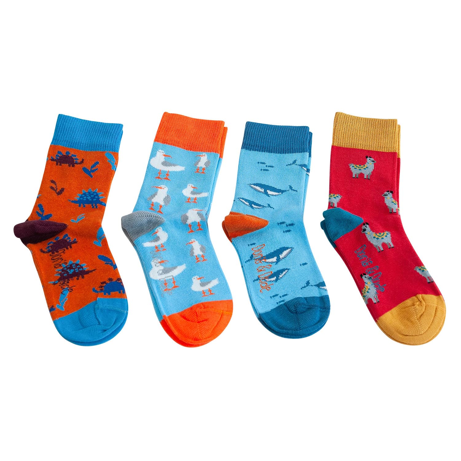 Doris & Dude Children Bamboo Crew Socks Fun 4 Pair Set Colourful Dinosaur Seagull Whale Llama Variety Soft Durable Sustainable Boy Girl Gift