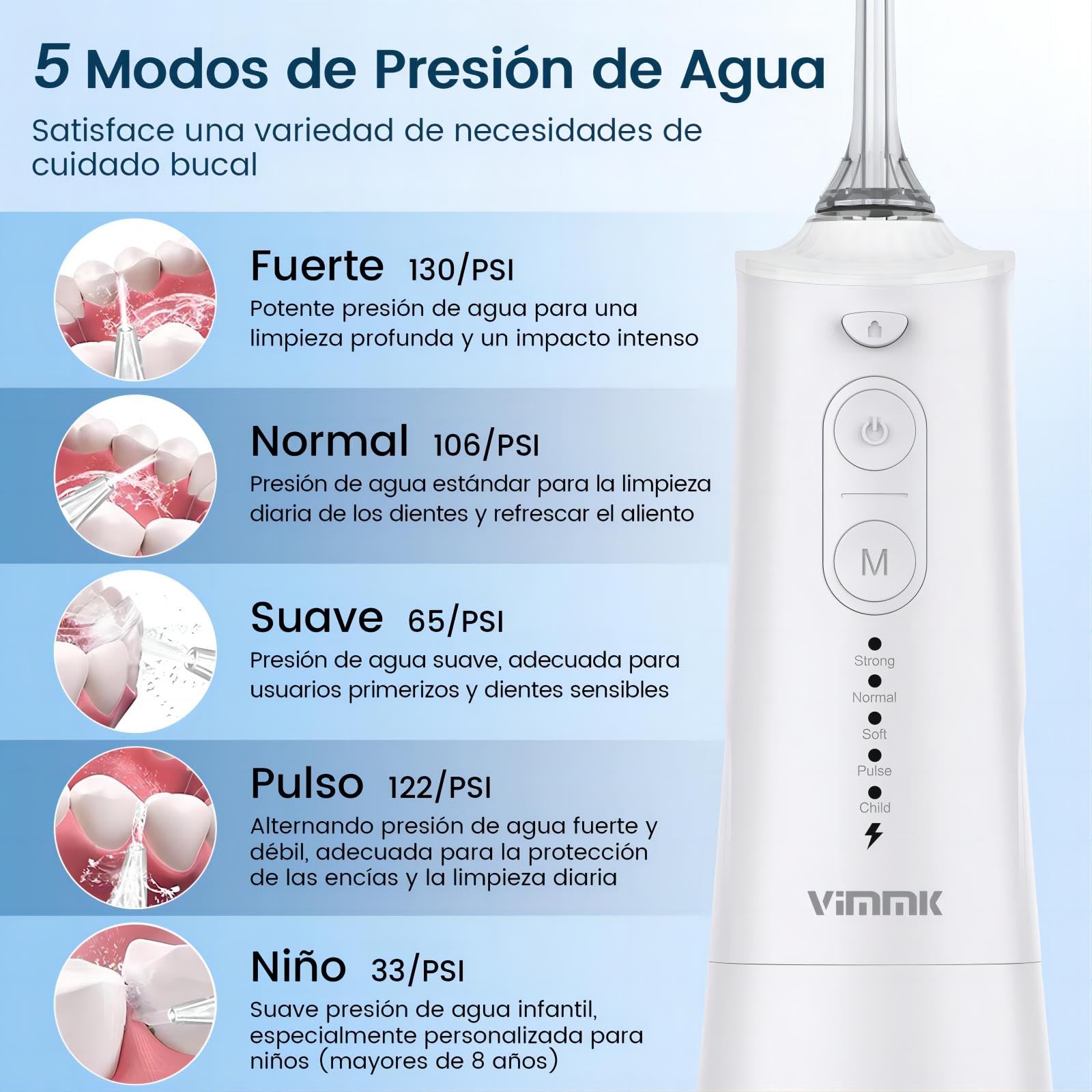 Irrigador Bucal Portatil, Vimmk Irrigador Dental Inalámbrico Profesional 8 Boquillas 5 Modos, IPX7 Impermeable 300ML USB-C Recargable Para Limpieza Dientes, Para el Hogar y los Viajes (Blanco)