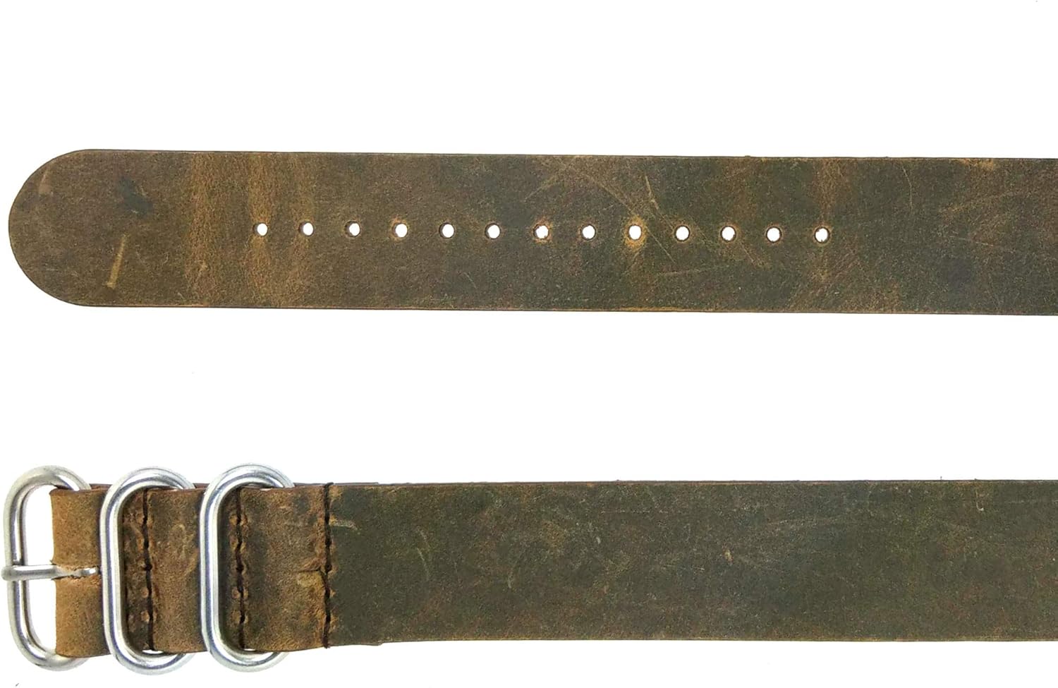 time+ 3-Ring Military Style Distressed Vintage Leather Watch Strap Brown - Choose Hardware & Width (18mm,20mm,22mm,24mm)