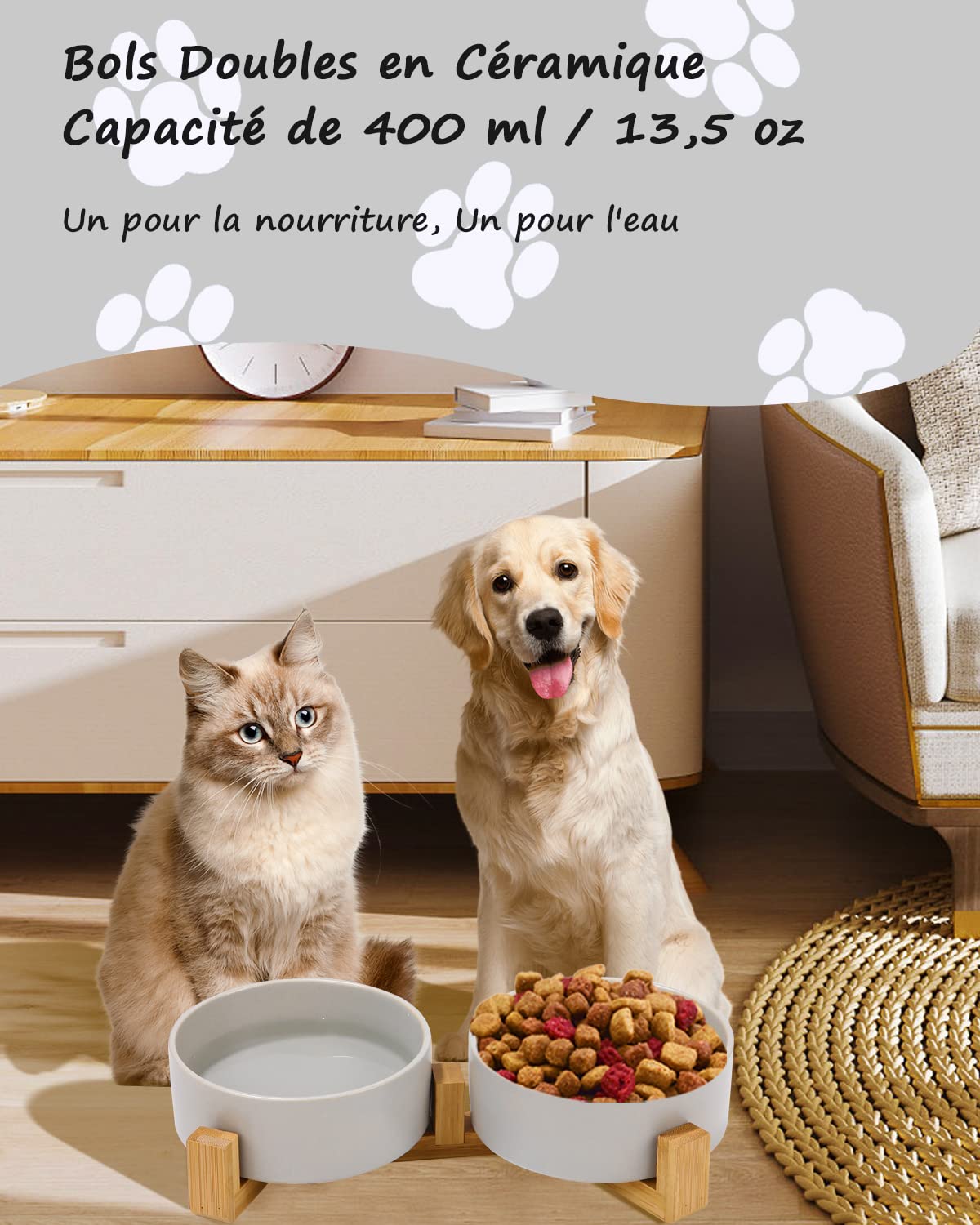 Ciotole Per Cani E Gatti In Ceramica | Set 2 Ciotole 400ml Con Base In Legno | Antiscivolo | Grigio - Foto 5