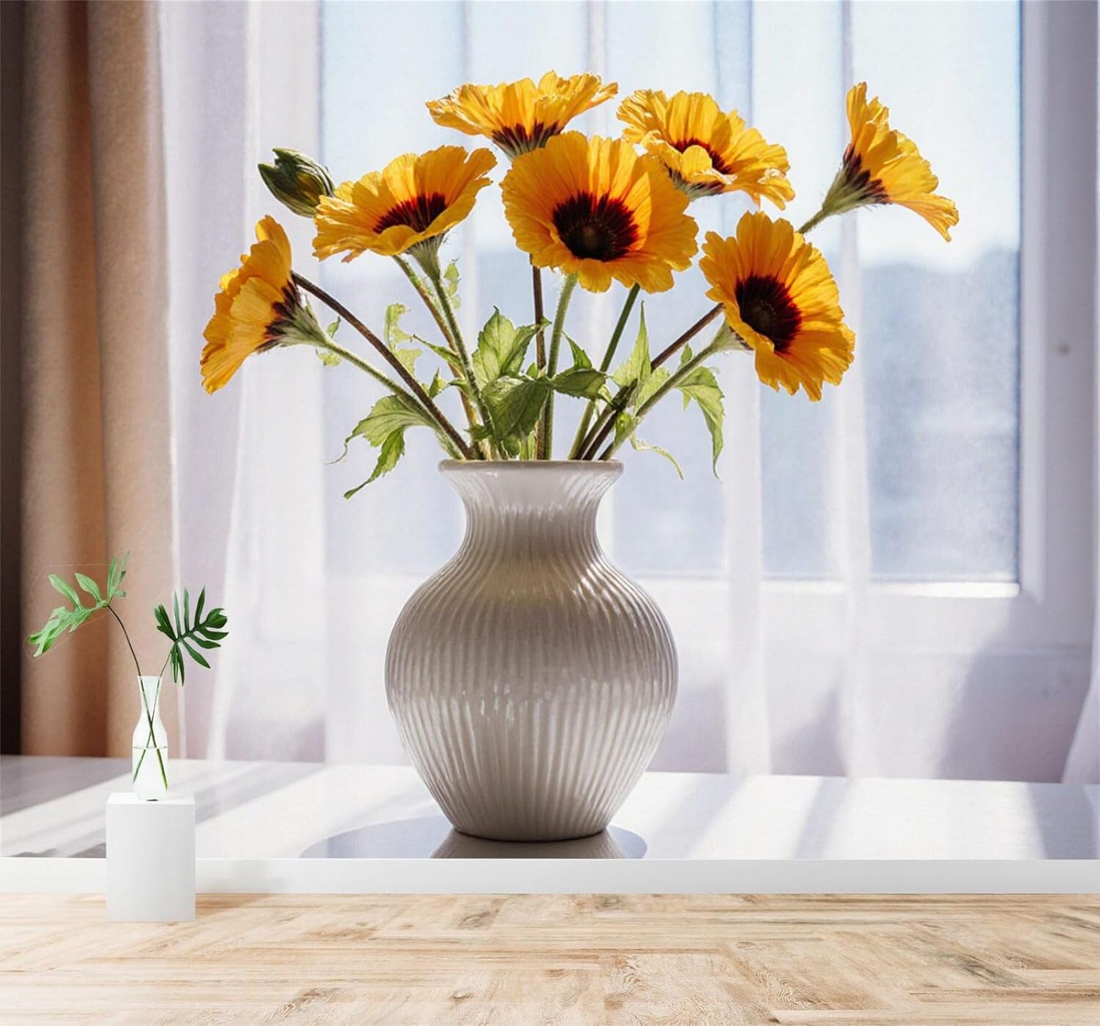 XLMING Minimalist White Vase Yellow Sunflowers Soft Lighting Window 3D Wallpaper Silky Texture Home Study Office Grey Dining Room Sofa Bedroom Living Room TV Backdrop-300cm×210cm