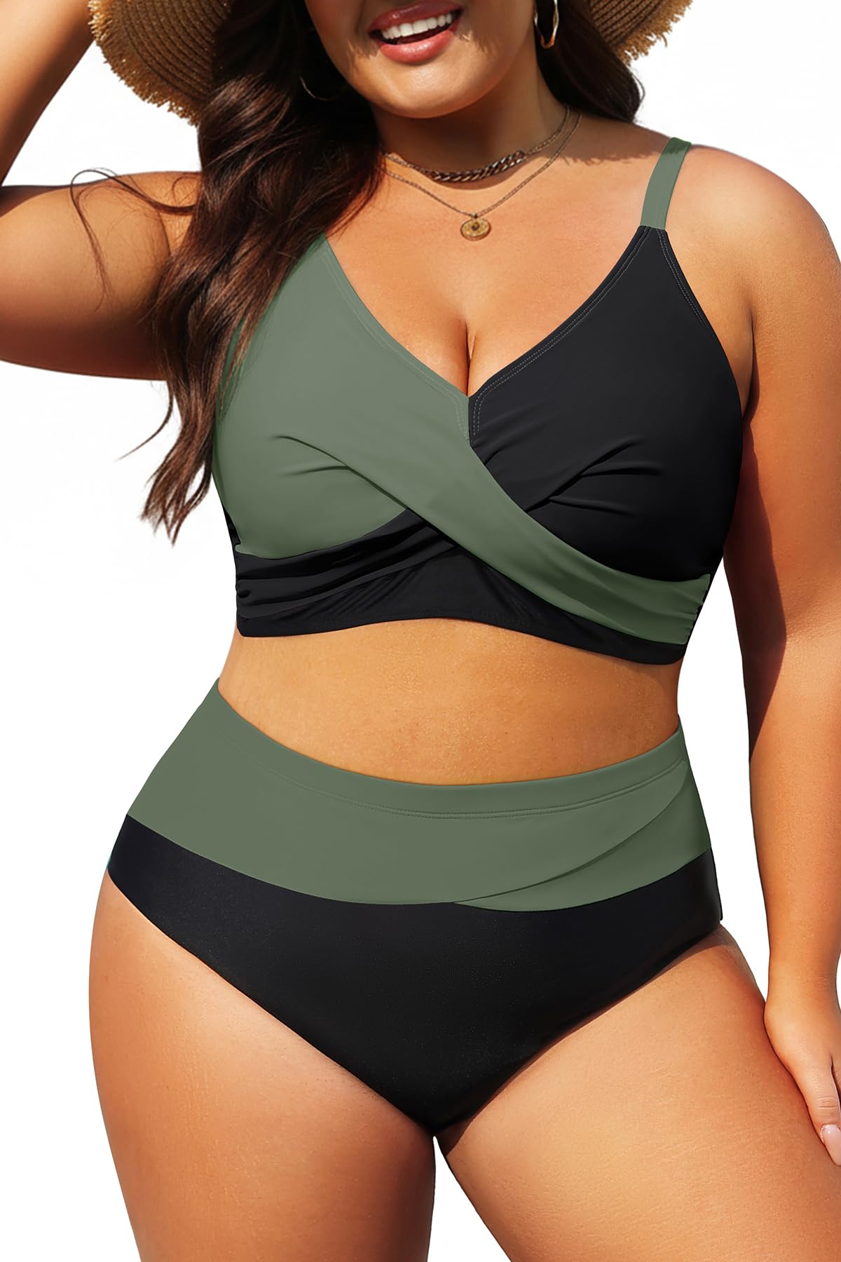 Plus Size Two Piece Swimsuit - Women High Waisted Bikini Set Tummy Control Bathing Suits