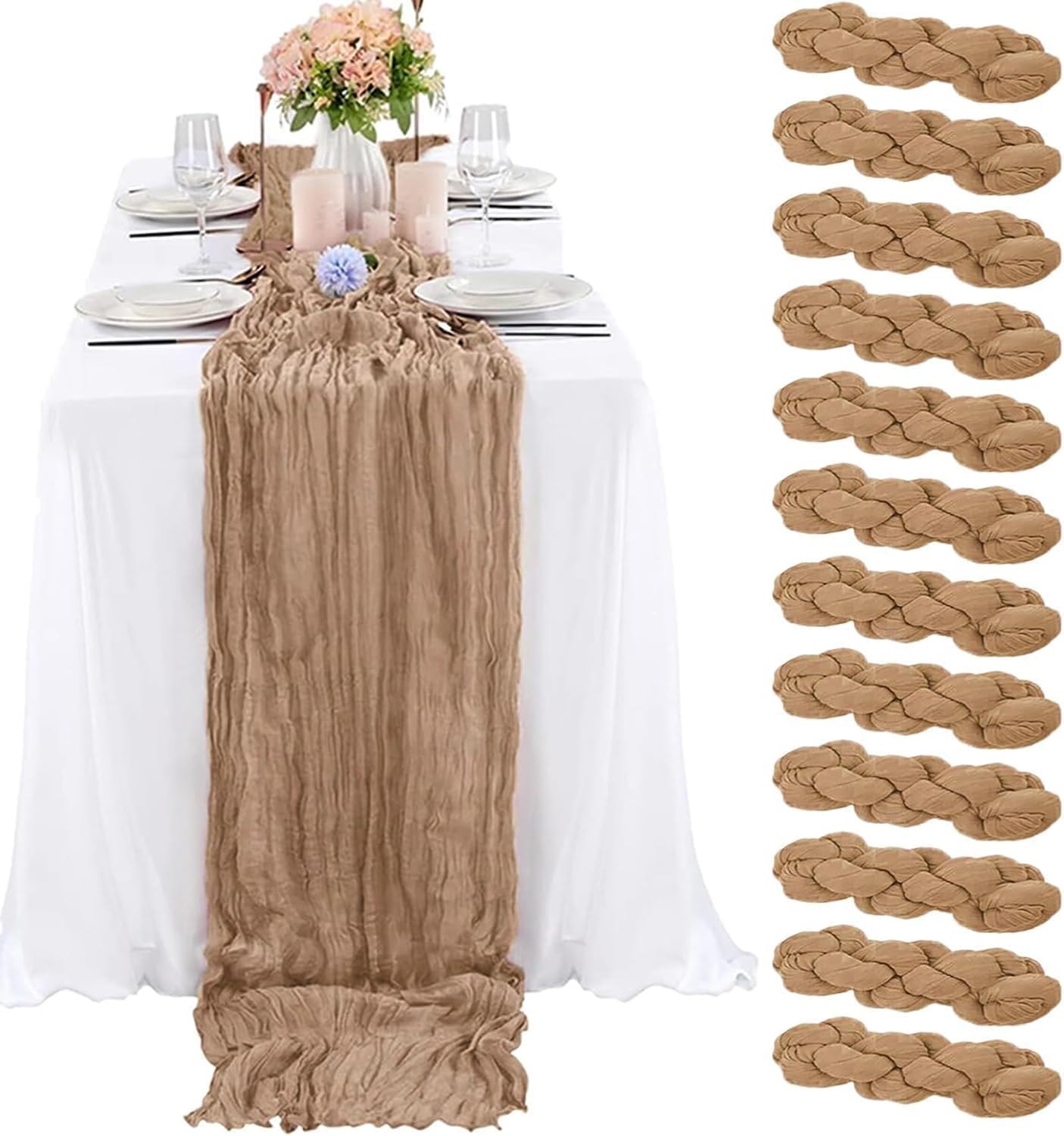Photo 1 of 12 Pack Coffee Cheesecloth Table Runners 22x120 Inch Boho Rustic Table Runner for Wedding Bridal Shower Party Banquet Farmhouse Kitchen & Dining Table Decor