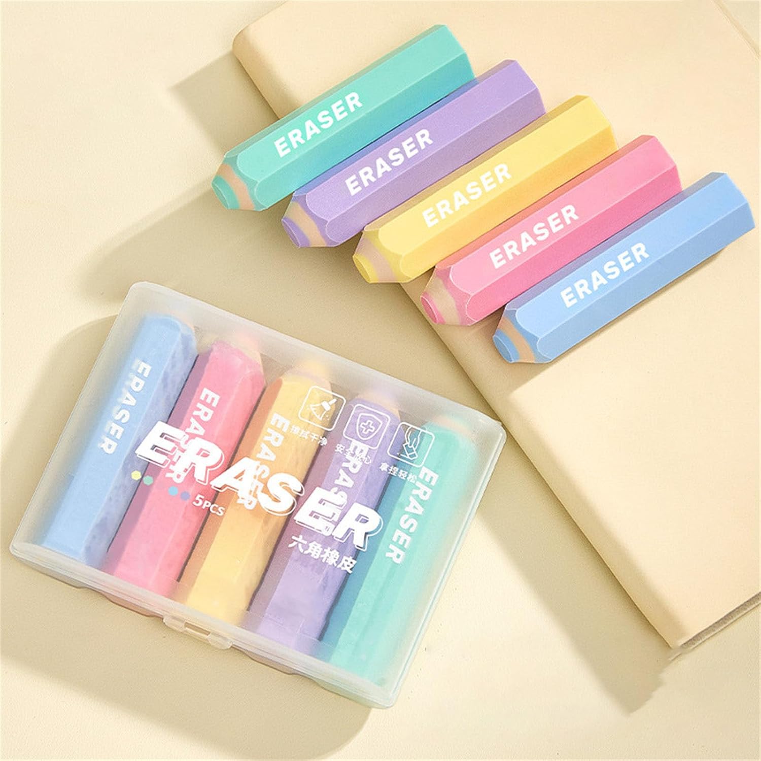 5PCS Colorful Pencil Shape Erasers for Writing Drawing Hexagonal Shape Ergonomic Grip Erasers School Supplies School Supplies