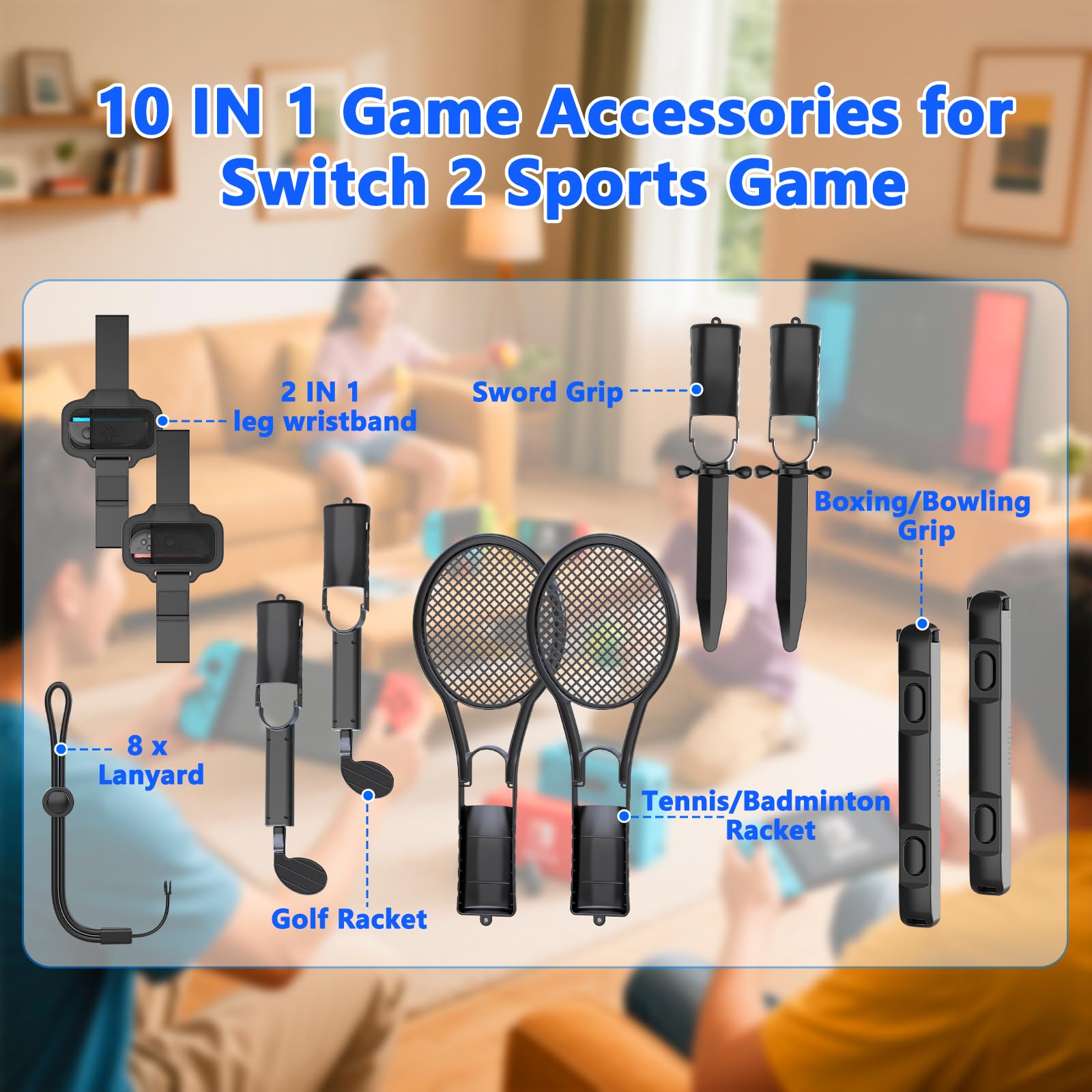 HEYSTOP Accesorios de Juego para Nintendo Switch 2 Joycon, Kit de Accesorios de Juego 10 en 1 con Palos de Golf y Otros Accesorios Deportivos de Juego para Reuniones Familiares y de Amigos