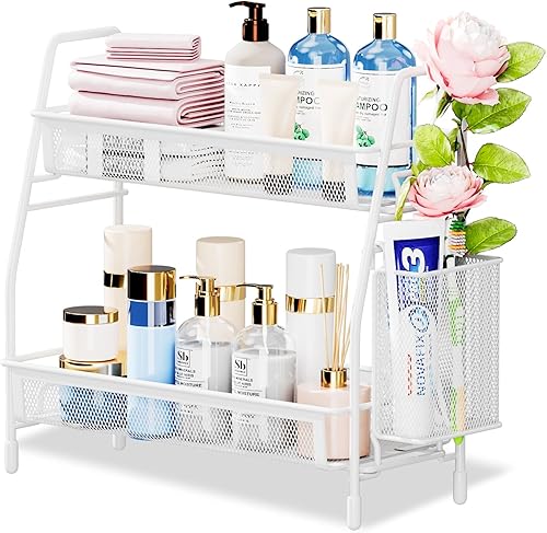 Famhap Organizador de encimera de baño, organizador de baño con cesta lateral, organizador de encimera de cocina, organizador de estante de especias