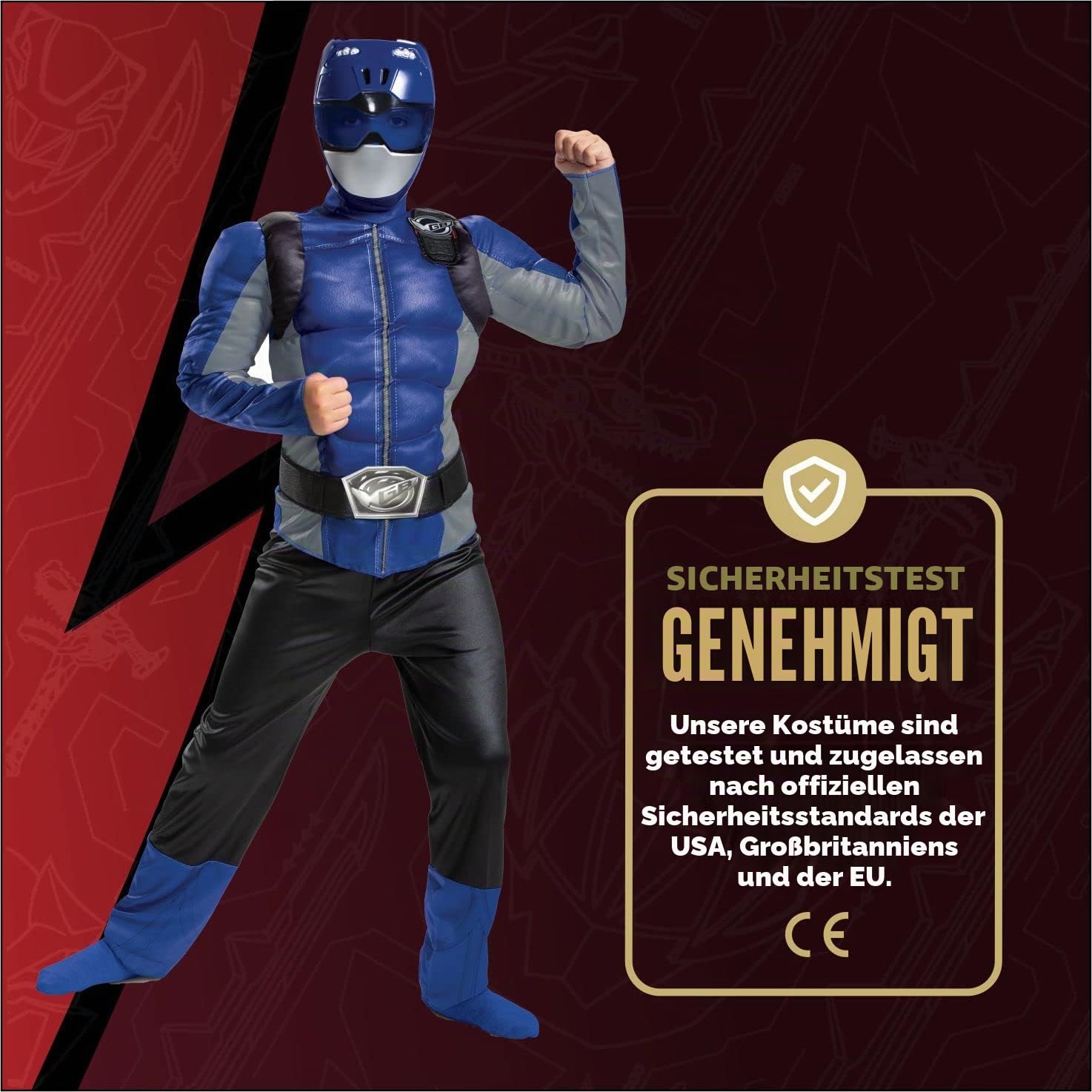 Disguise Offizielles Power Rangers Kostüm Kinder Blau Muskelkostüm, Superhelden Kostüm für Kinder Junge Mädchen Power Ranger Faschingskostüm Karneval Geburtstag Costume Größ S