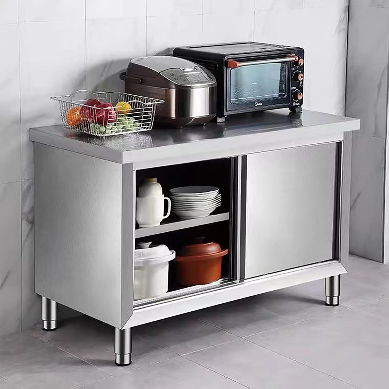 Mesa de trabajo de acero inoxidable con puerta corredera, mesa de preparación comercial resistente para cocina y restaurante, capacidad de carga de 1240 libras