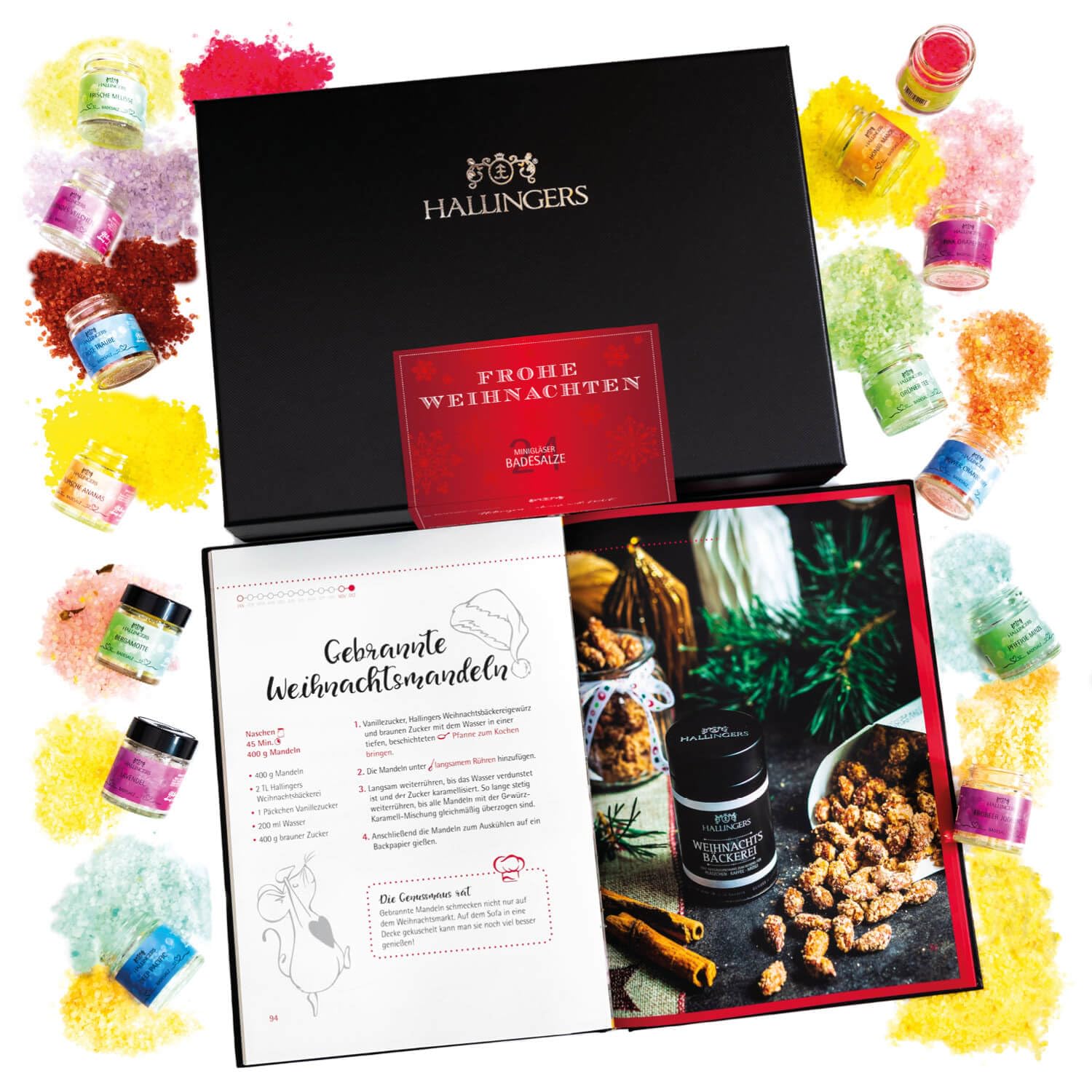 Hallingers Genuss Manufaktur Badesalze Weihnachts-Geschenk-Set - 24x Badezusatz mit Totes Meer Badesalz edle Geschenkbox, Badekristalle Fußbad & Spa "Frohe Weihnacht...", Weihnachten für Frauen Männer