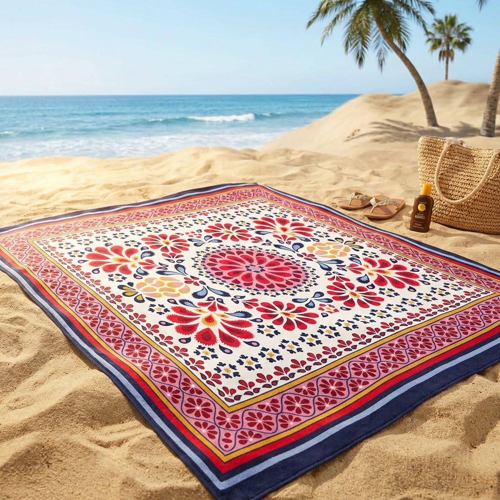 EASY HOME, Arazzo Multiuso, Telo Mare Grande Per Spiaggia, Antisabbia, 210x230 cm, Ideale per Picnic, Yoga o Campeggio, Con Pratici Ganci agli Angoli Per Fissaggio, In Cotone (Fiori 1)