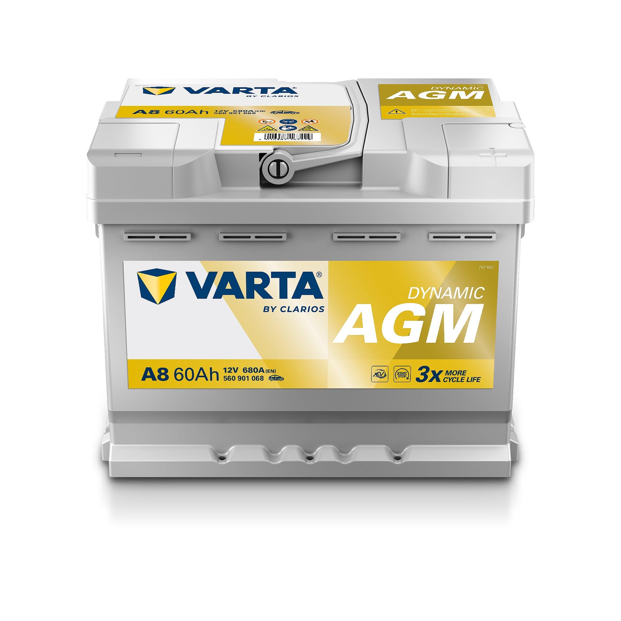 VARTA Automotive DYNAMIC AGM (A8) 12V 60Ah 680A - Batteria auto al piombo-​acido per sistemi start-​stop e xEV - Batteria di avviamento per fabbisogno energetico più elevato - senza manutenzione