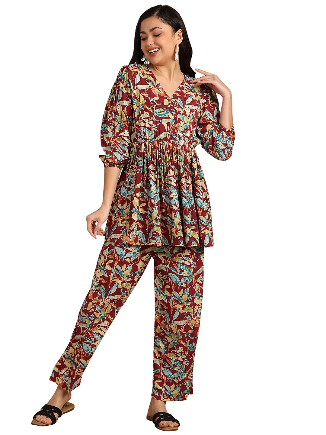 Women's Abstract Nature Leaf Printed Liva Rayon Pleated Multicolor Co-ord Set-image-13