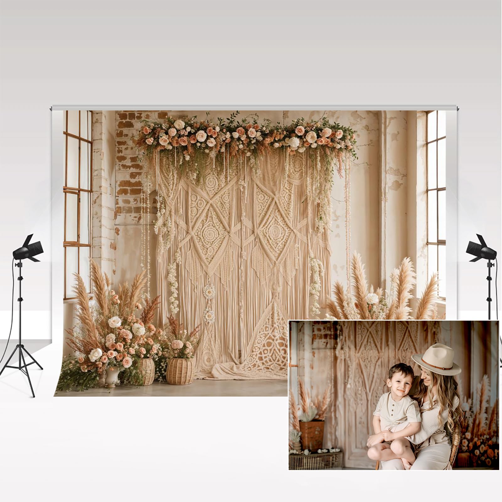 Kate Boho Photographie Toiles de Fond 3x2m/10x6.5ft Floral Rétro Mur de Briques Pampas Herbe Bohème Mariage Photocall Enfants Anniversaire Décoration Fond Photo Studio