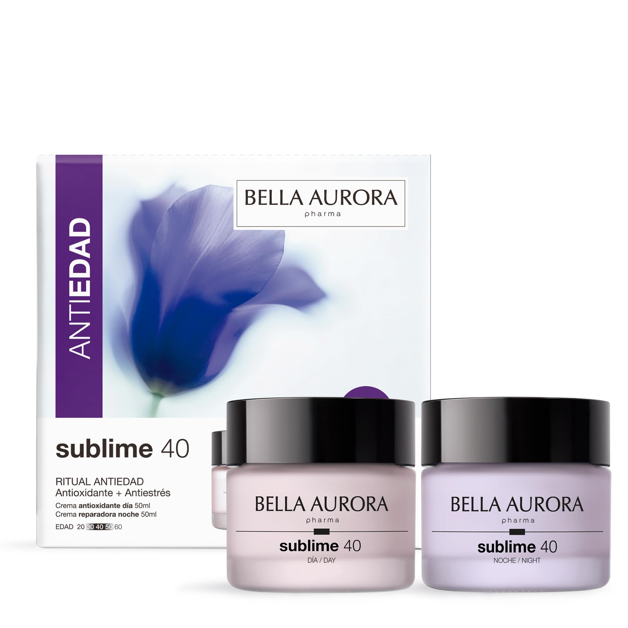 Bella Aurora Pack Sublime 40 Ritual Antiedad Día y Noche | Antioxidante y Antiestrés | Previene envejecimiento prematuro y aporta luminosidad | Crema Día SPF 20 + Noche regalo | 2x50 ml