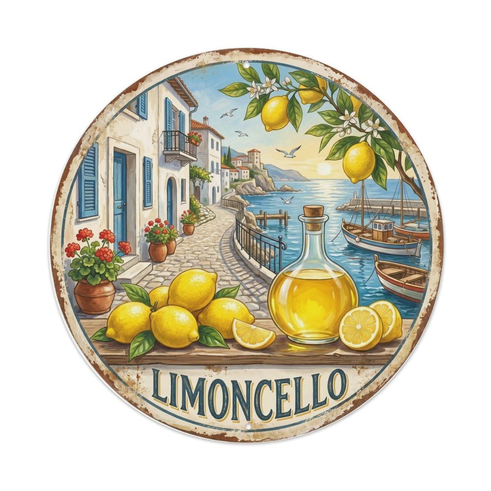 Fqcyn Style Handcrafted Limoncello Bottle Metal Tin Sign Plaque Wall Decor For Cafe, Club Bar, Office, Home Garden Round Metal Poster 8X8inch