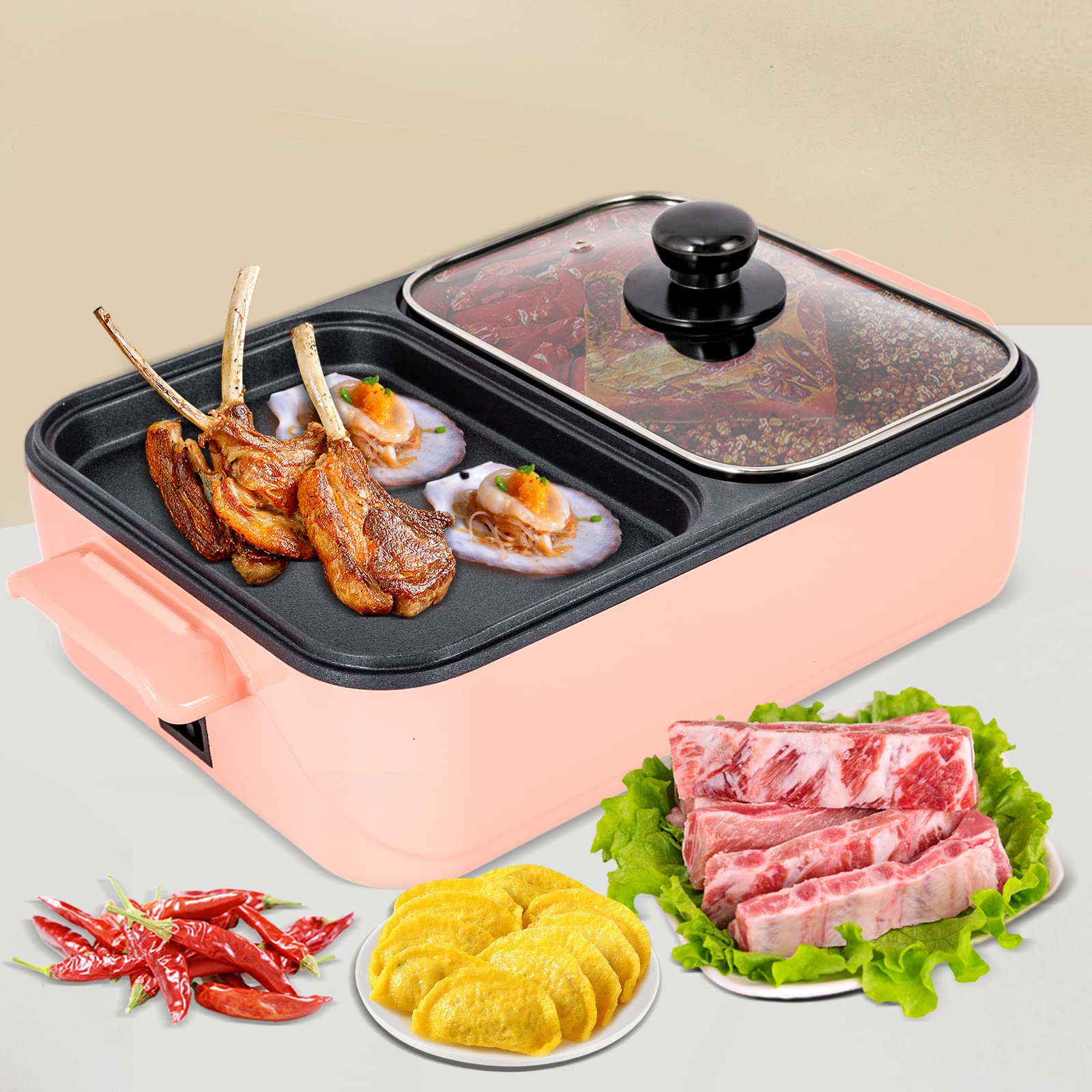 Choayun 2-in-1 Electric Smokeless Hot Pot Grill, 1500W, Dual Temperature Control, 2-4 People, Pink, Aluminum, Modern Style