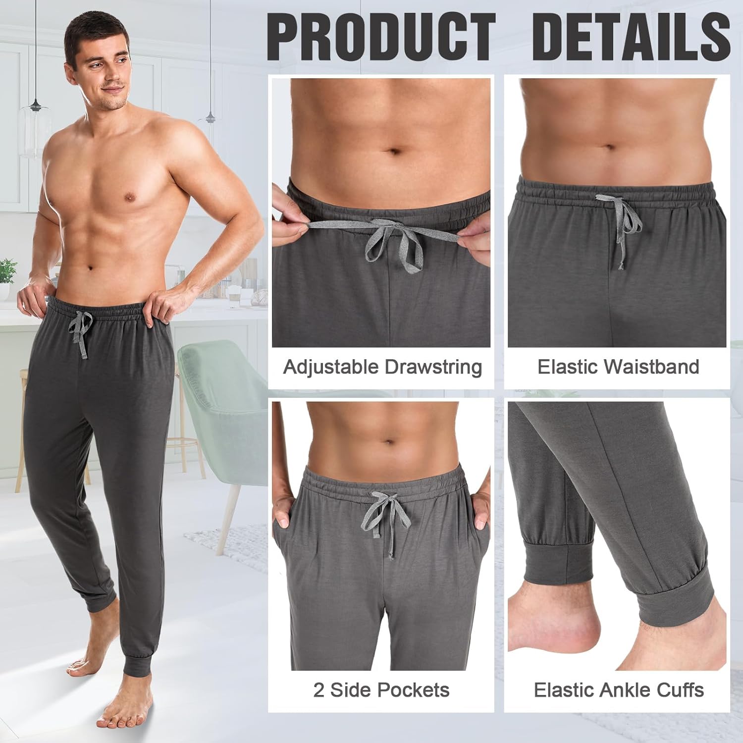 3 Pack Mens Cotton Sleepwear Pajamas Pants with Pockets, Soft Drawstring Lounge Bottoms Pjs for Men - Image 3