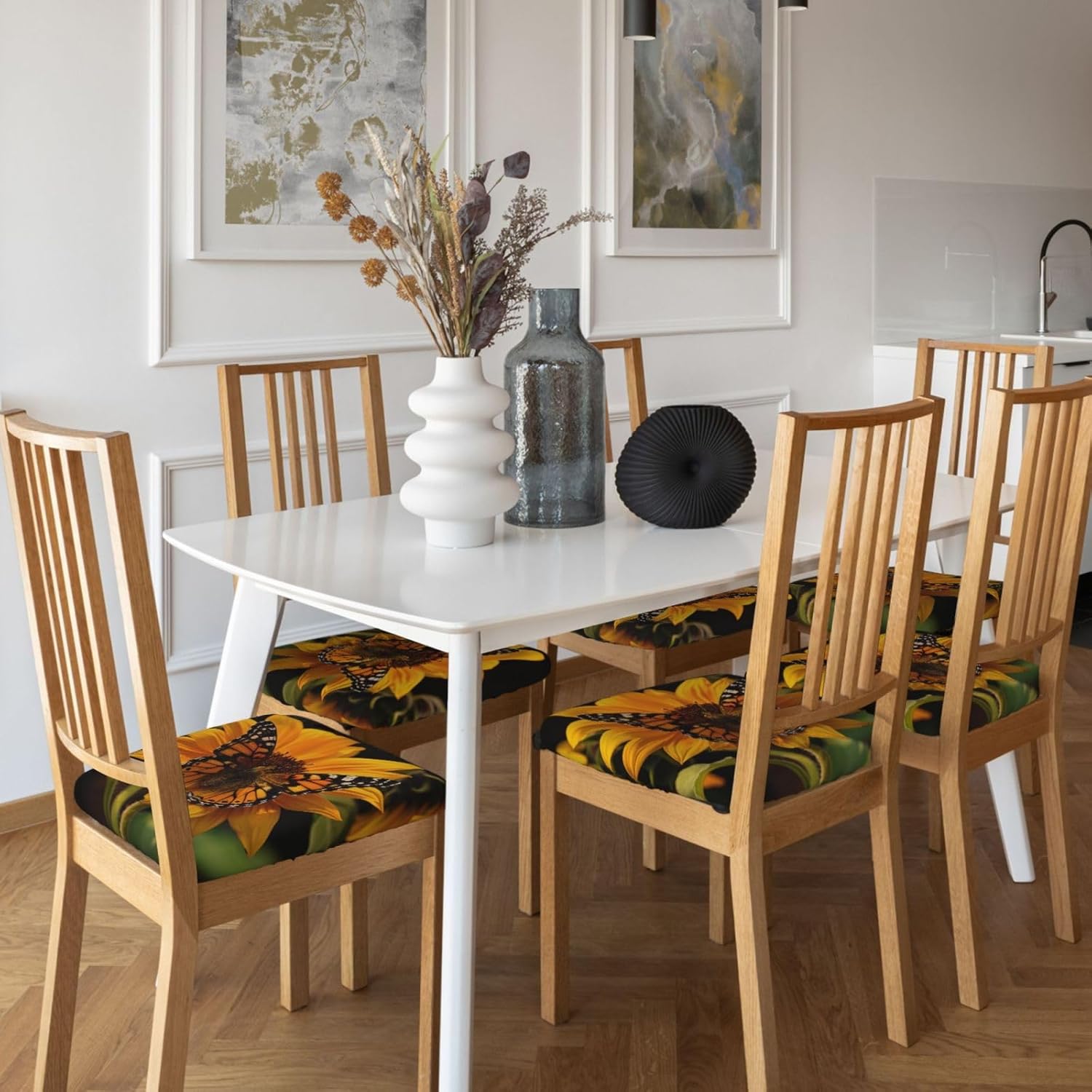 Sunflower Butterfly Print Square Cushion Covers 6 Pcs Set Elastic Non-Slip Seat Cushion Slipcovers Pet Furniture Protectors for Chair, Sofa