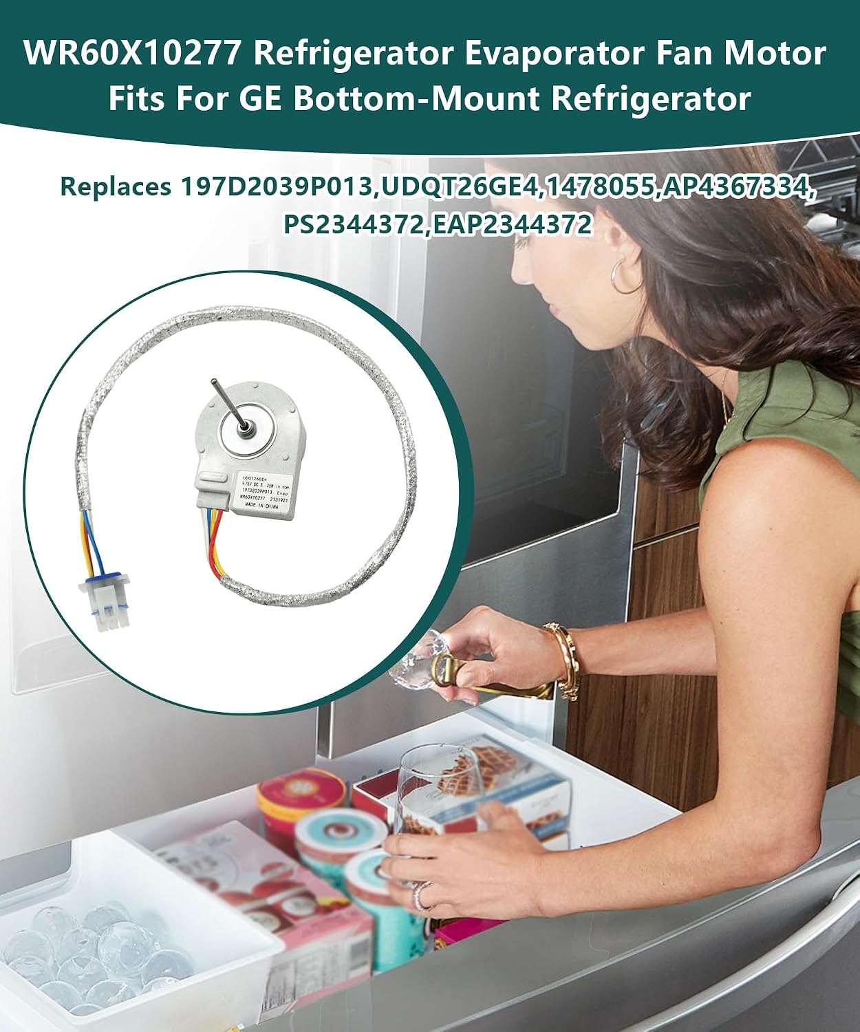 WR60X10277 Refrigerator Evaporator Fan Motor Replacement Fits for GE Refrigerator PGCS1RKZASS PFCS1PJZBSS, Replaces 197D2039P013,UDQT26GE4,1478055,AP4367334,PS2344372,EAP2344372