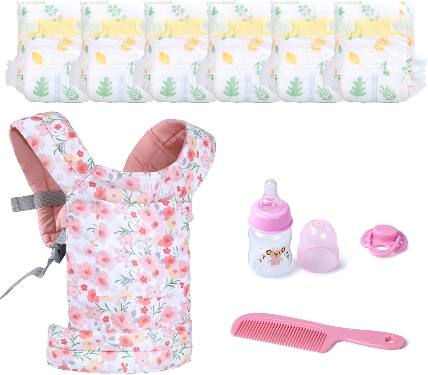 10 Pcs Reborn Baby Doll Carrier and Feeding Accessories for 17-20-22 Inch Babydolls/Stuffed Animals, Reborn Doll Accessories Set Realistic Baby Carrier, Diapers, Bottles, Pacifiers,Comb