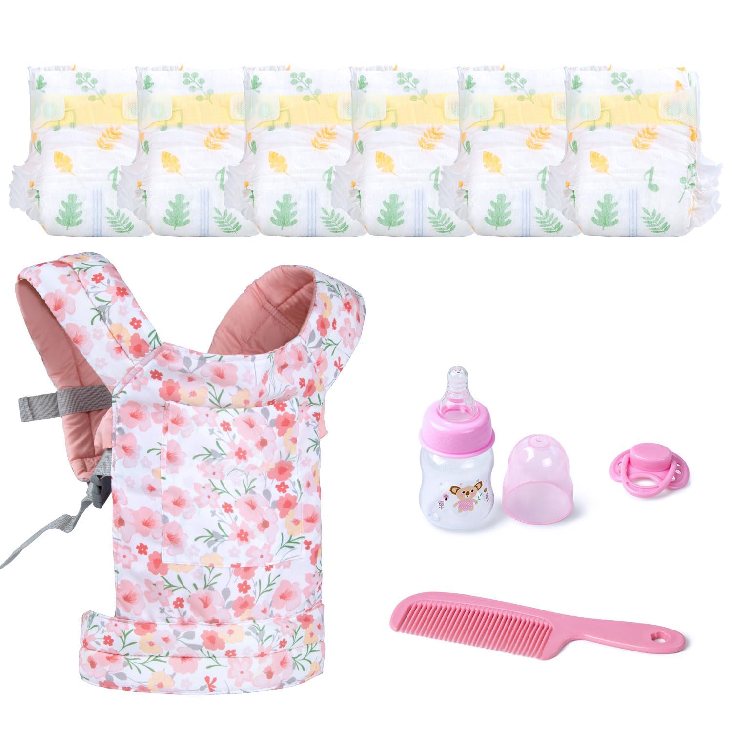Reborn Babypuppenzubehör mit Tragetasche und Fütterungszubehör für 43,2 - 50,8 - 55,9 cm große Babydoll/Stofftiere, Blumen-Babypuppentrage für kleine Mädchen, Kleinkinder, 10 Stück
