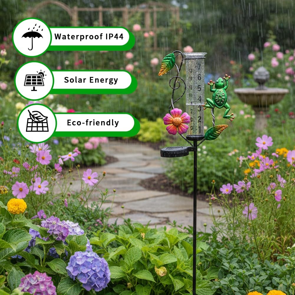 Solar Rain Gauge Outdoor - 7-Inch Glass Tube Frog Design Decorative Weather Gauge for Garden, Yard, Lawn, Patio