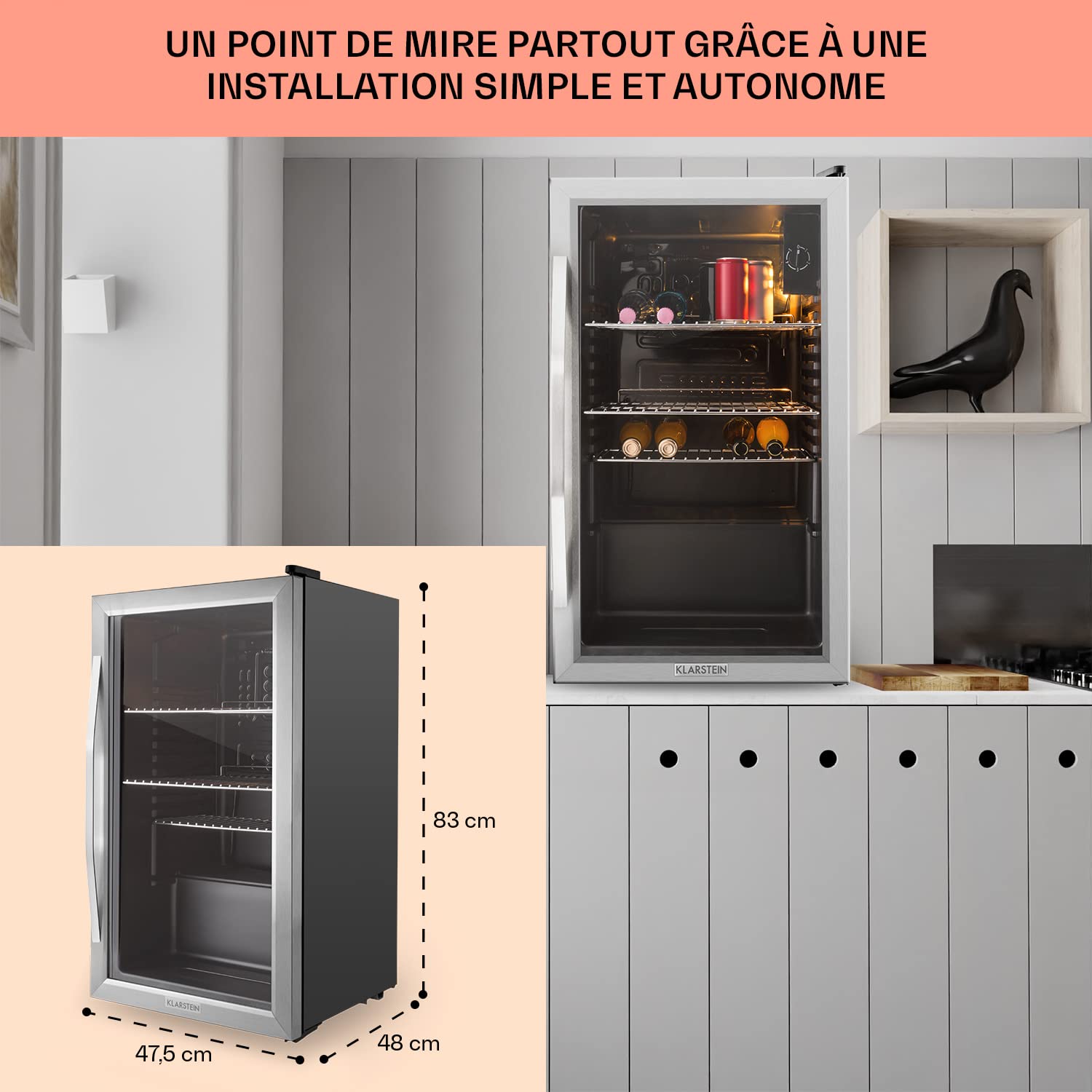 KLARSTEIN Beersafe Beverage Fridge 80L - Mini Fridge with Glass Door, Black/Silver | LED Lighting, Removable Metal Shelves, Quiet, for Drinks and Cans