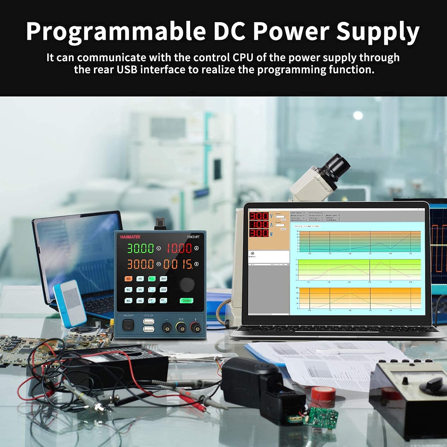 HANMATEK HM310T Power Supply connected to a computer, demonstrating programmable features
